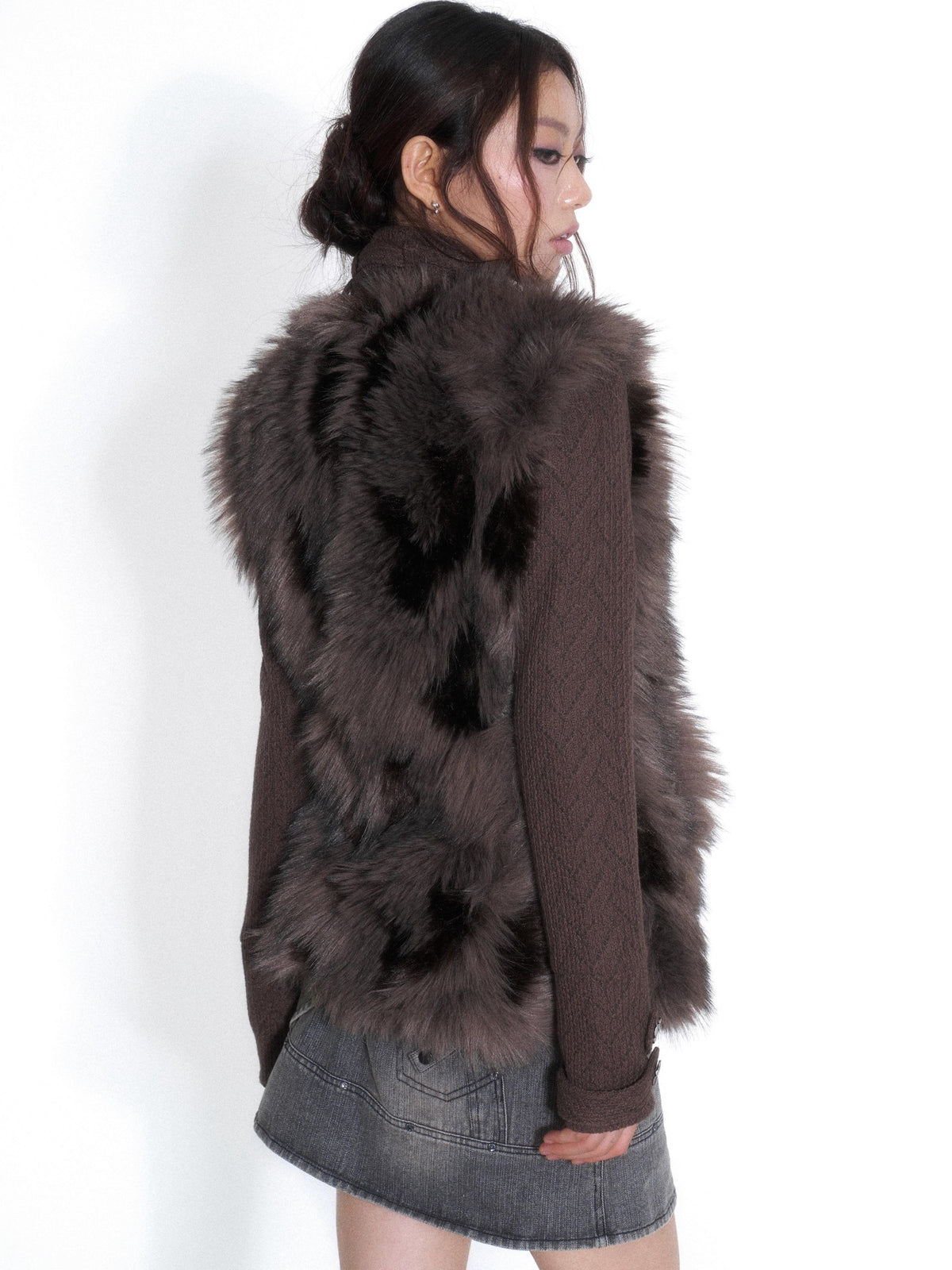 OPEN AESTHETIC Plush Paneled High Neck Double Button Slim Fit Women&