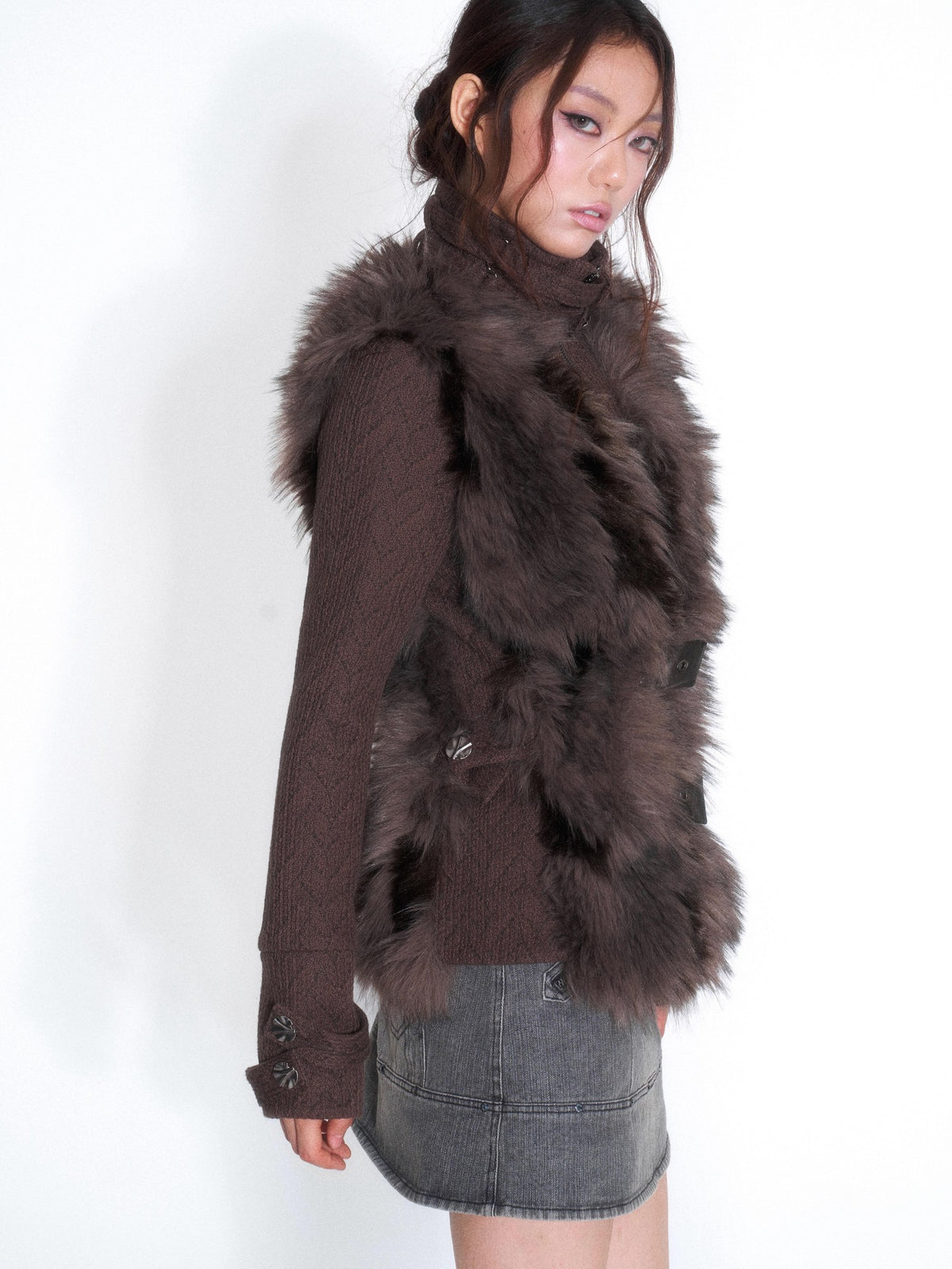 OPEN AESTHETIC Plush Paneled High Neck Double Button Slim Fit Women&