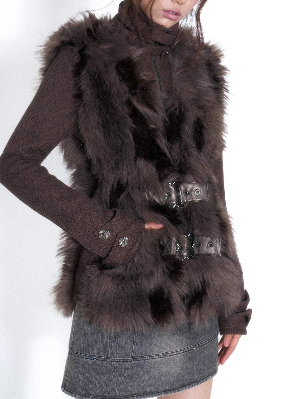 OPEN AESTHETIC Plush Paneled High Neck Double Button Slim Fit Women&