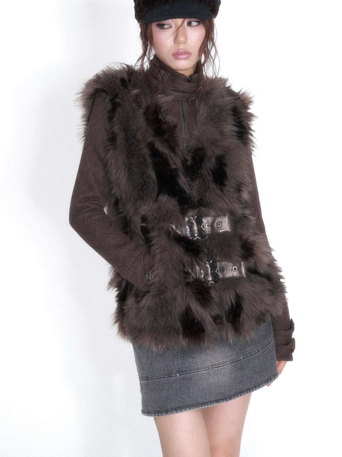 OPEN AESTHETIC Plush Paneled High Neck Double Button Slim Fit Women&