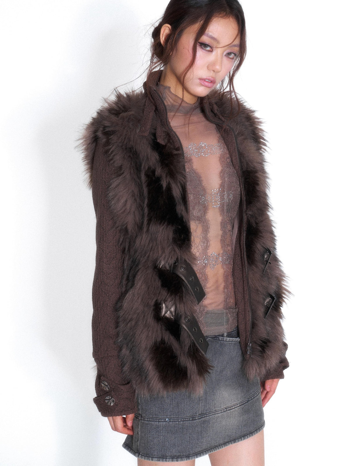 OPEN AESTHETIC Plush Paneled High Neck Double Button Slim Fit Women&