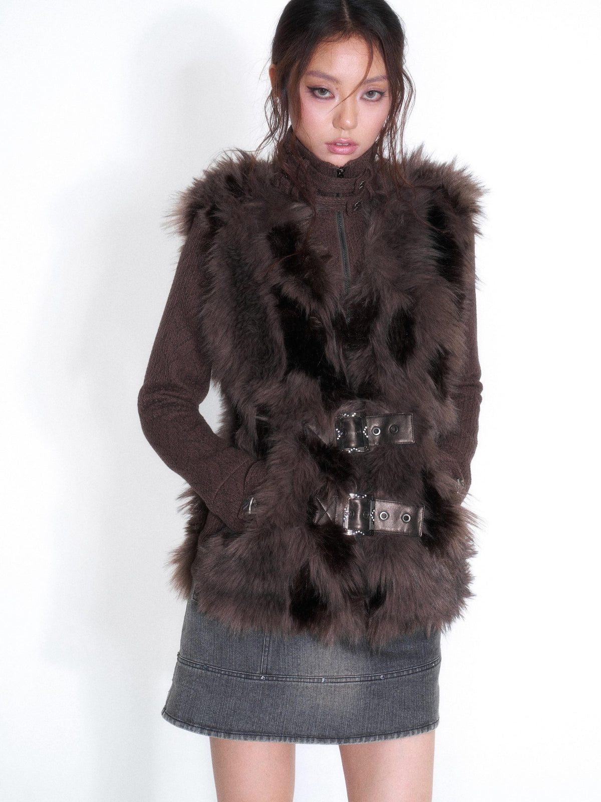 OPEN AESTHETIC Plush Paneled High Neck Double Button Slim Fit Women&