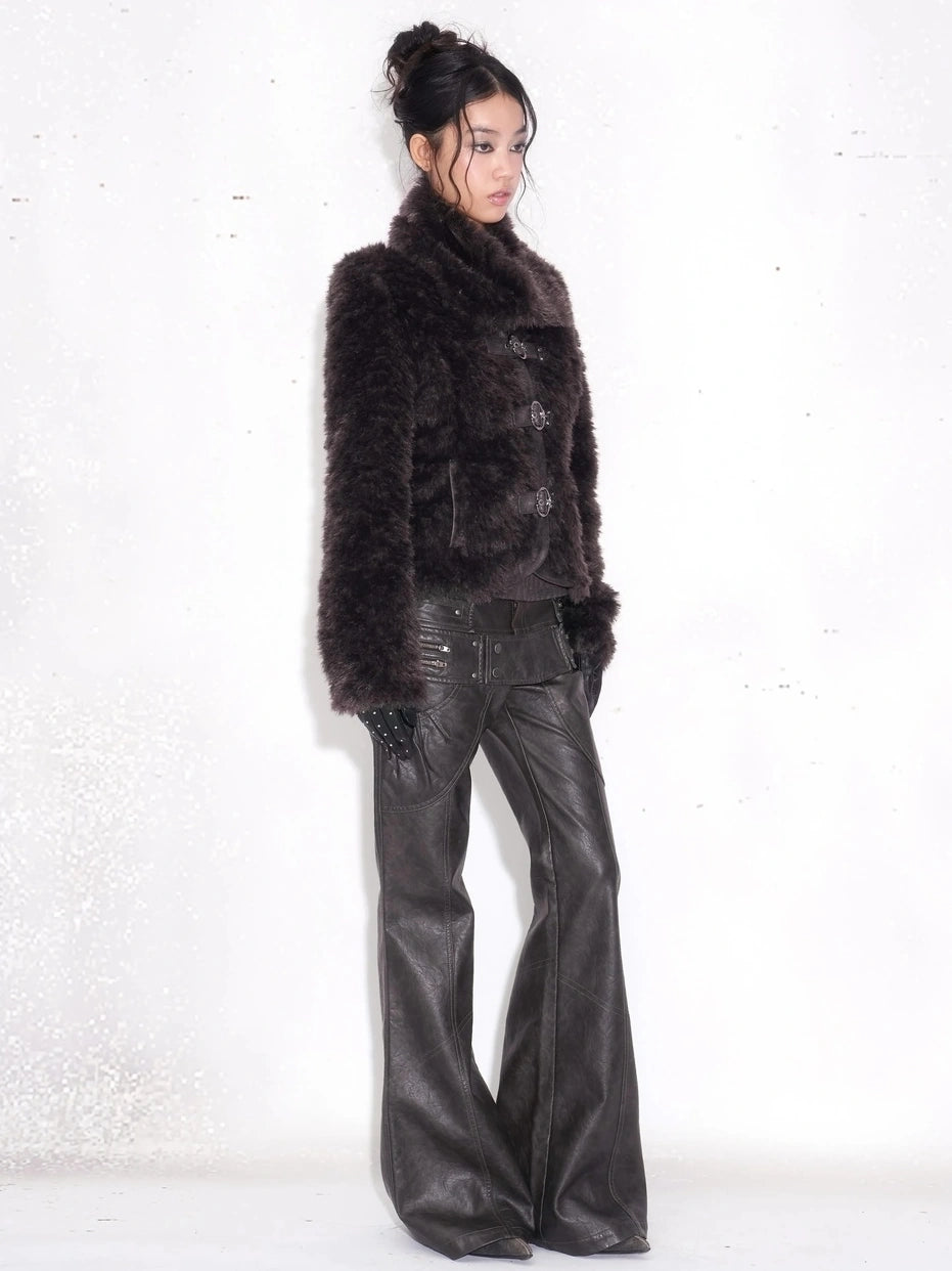 OPEN AESTHETIC Pu Leather Patchwork Double Waistband Low Rise Micro Flare Women Black Pants