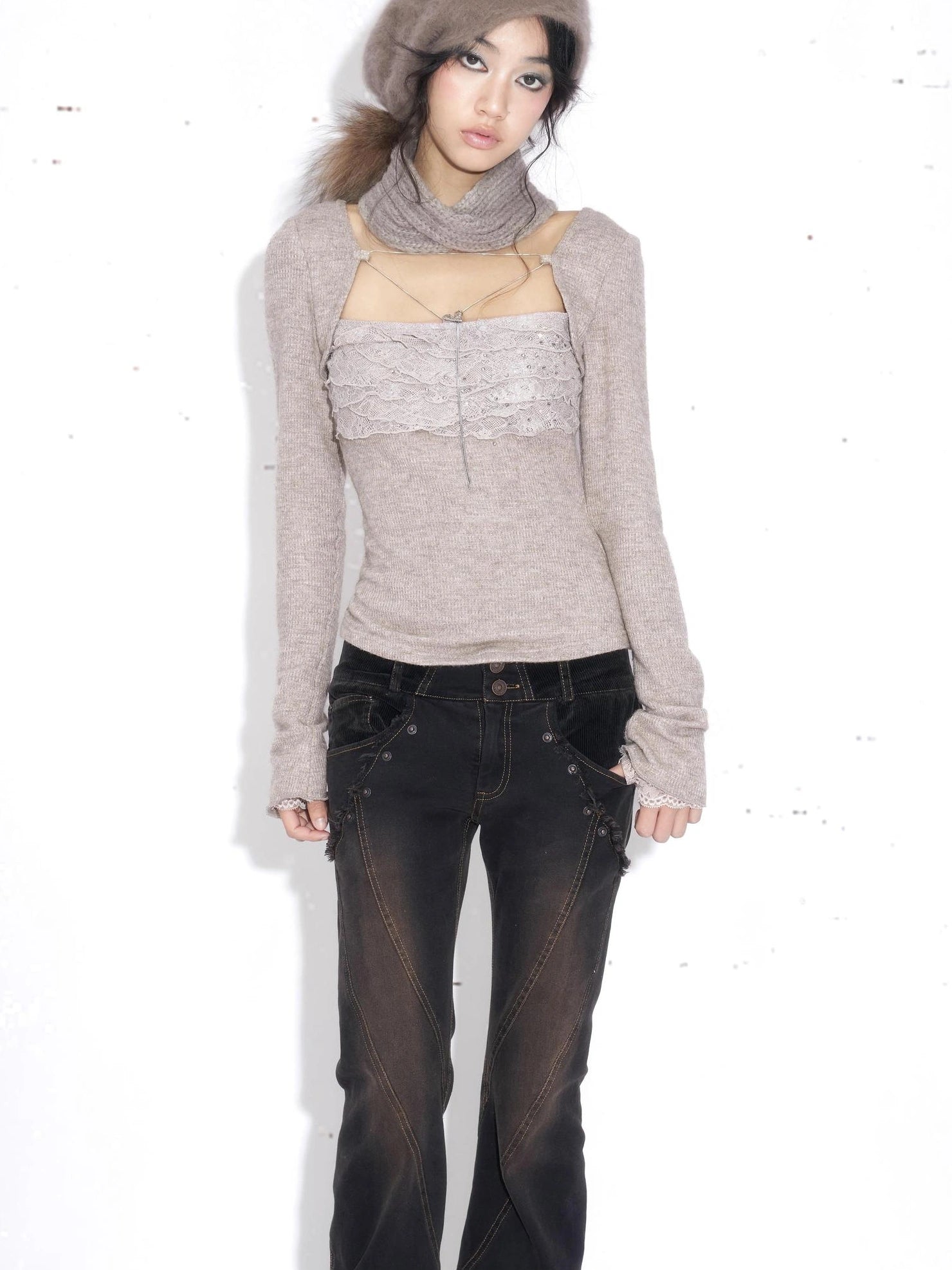 OPEN AESTHETIC Rhinestone Lace Slim Fit Cotton Jersey Knit Women Casual Cami Khaki T-Shirt