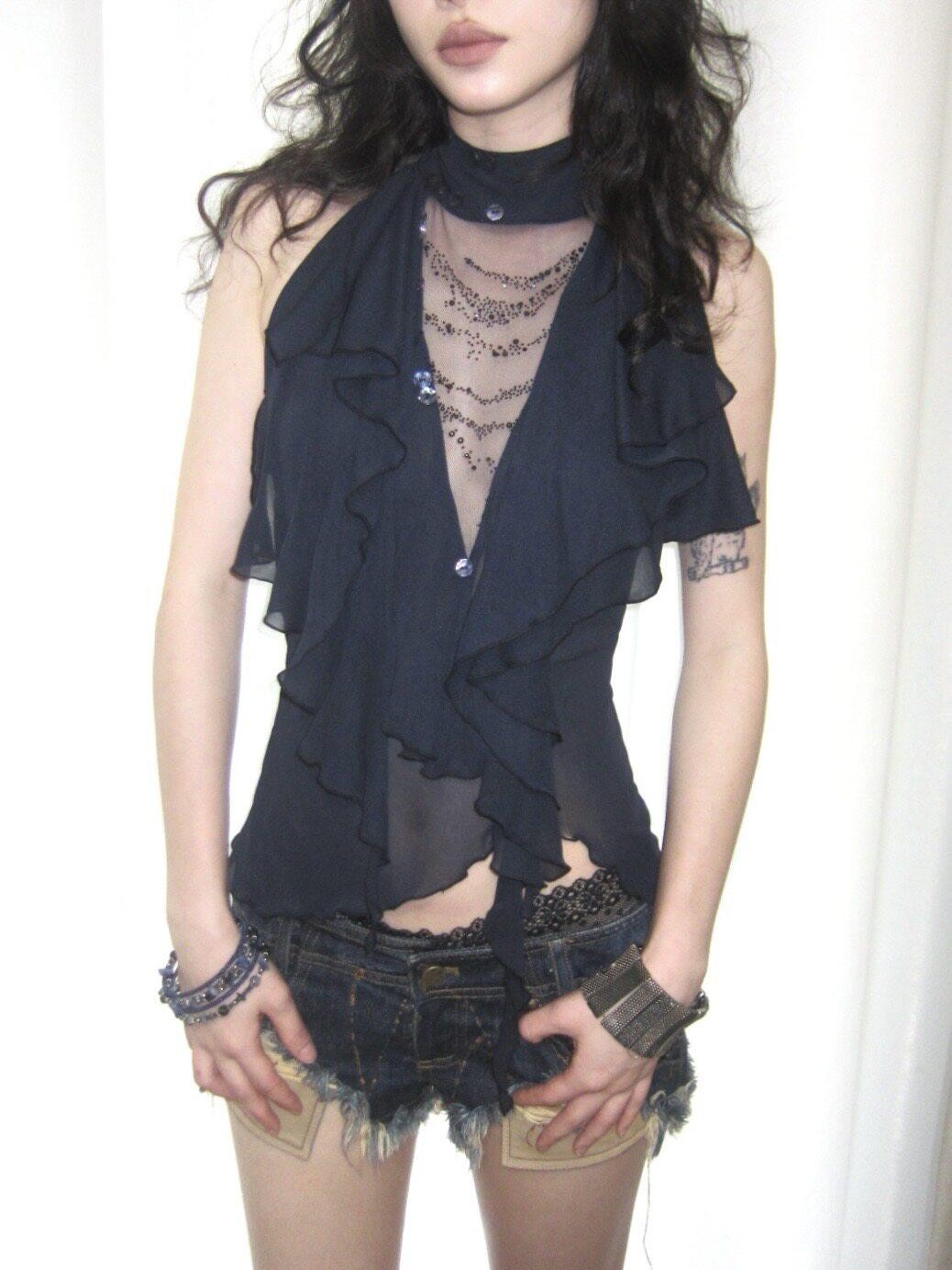OPEN AESTHETIC Rhinestone Ruffle Button Open Back Slim Women&