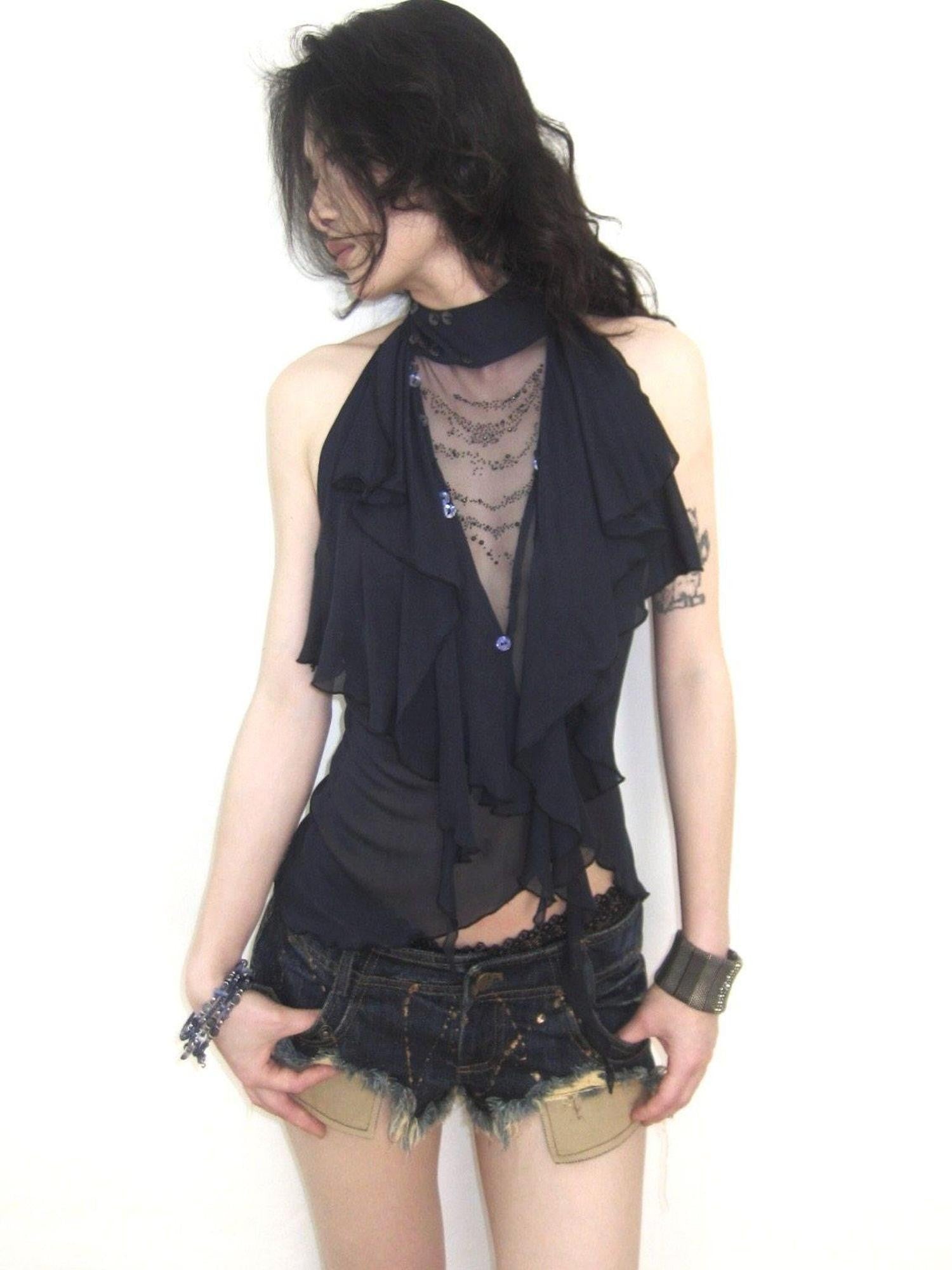 OPEN AESTHETIC Rhinestone Ruffle Button Open Back Slim Women&