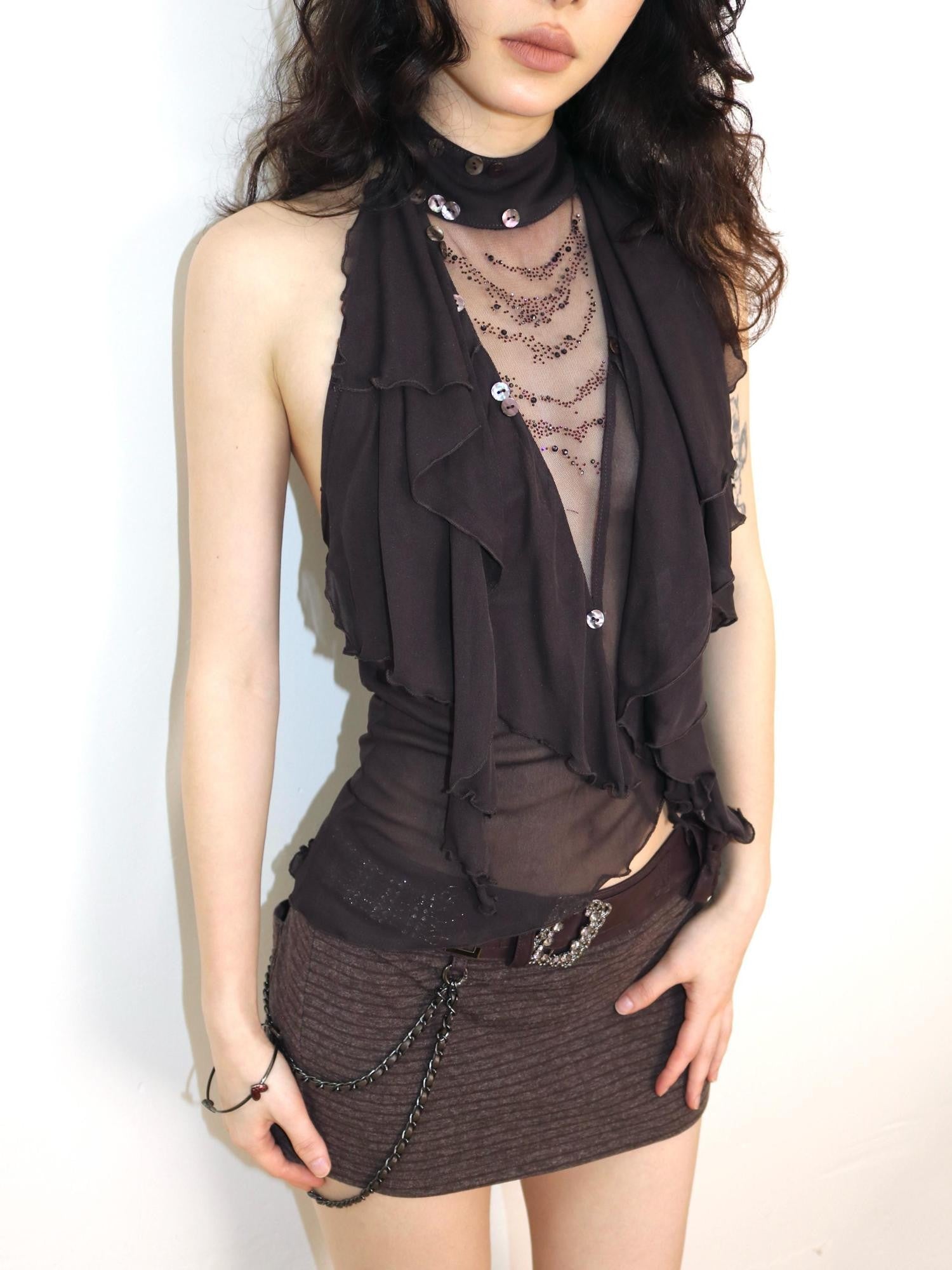 OPEN AESTHETIC Rhinestone Ruffle Button Open Back Slim Women&
