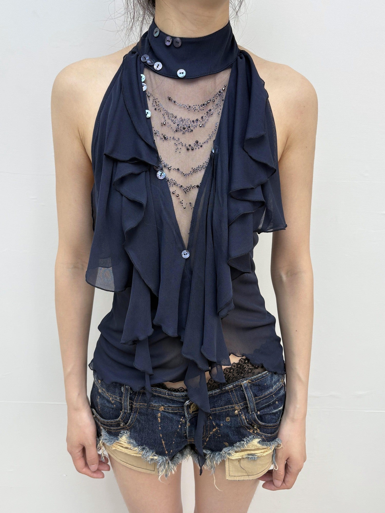 OPEN AESTHETIC Rhinestone Ruffle Button Open Back Slim Women&