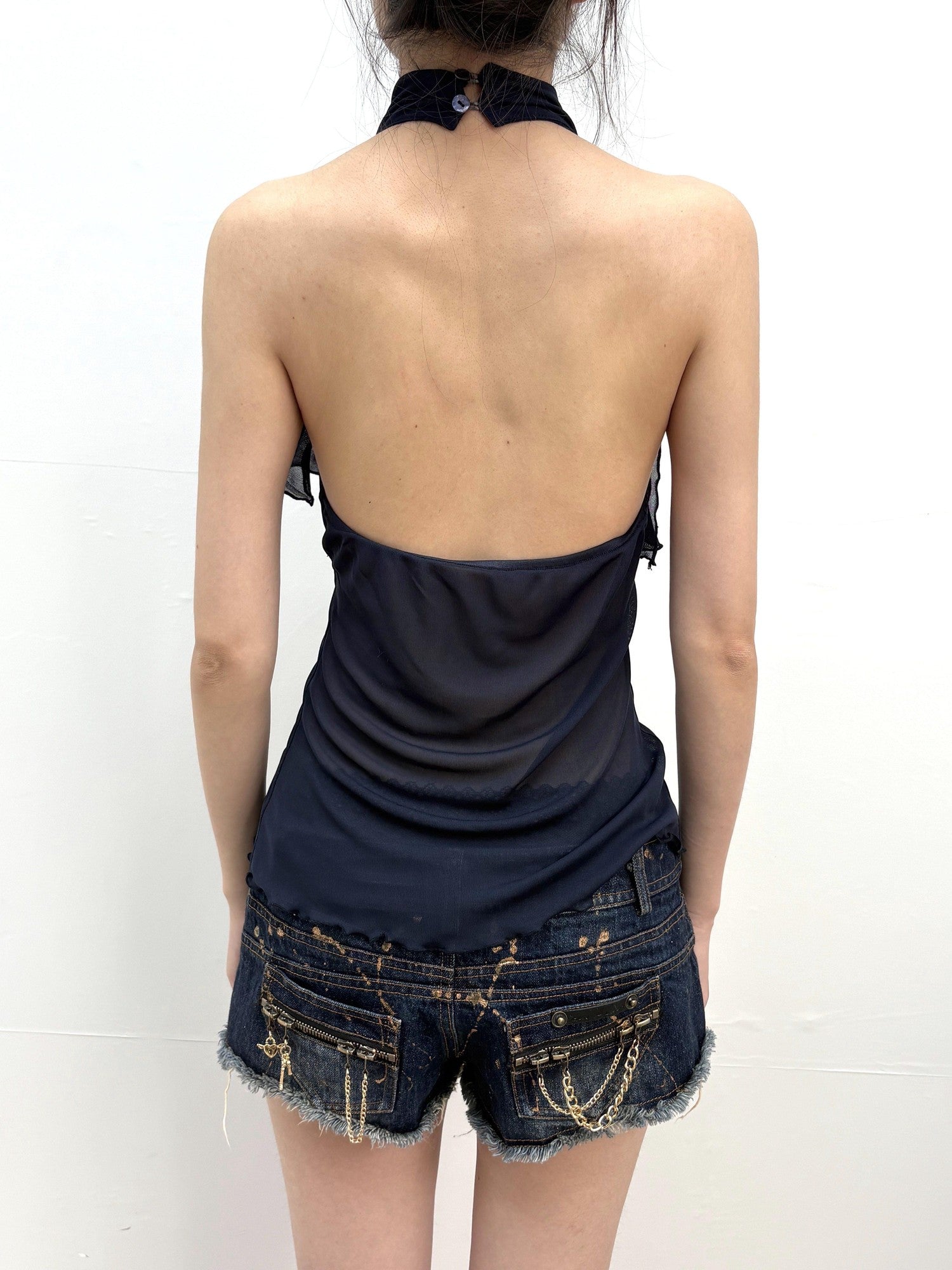 OPEN AESTHETIC Rhinestone Ruffle Button Open Back Slim Women&