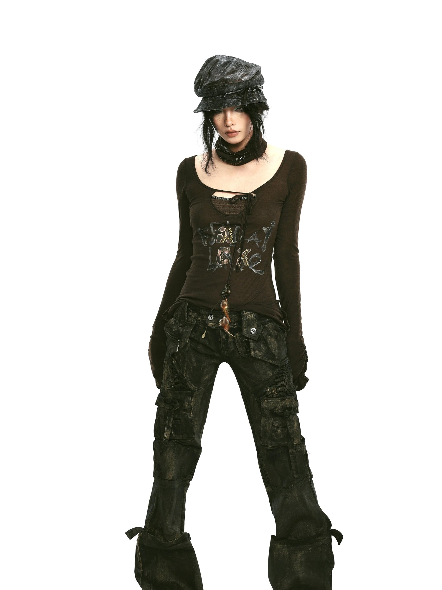 Rivet Print Knit Top With Detachable Neck Wrap
