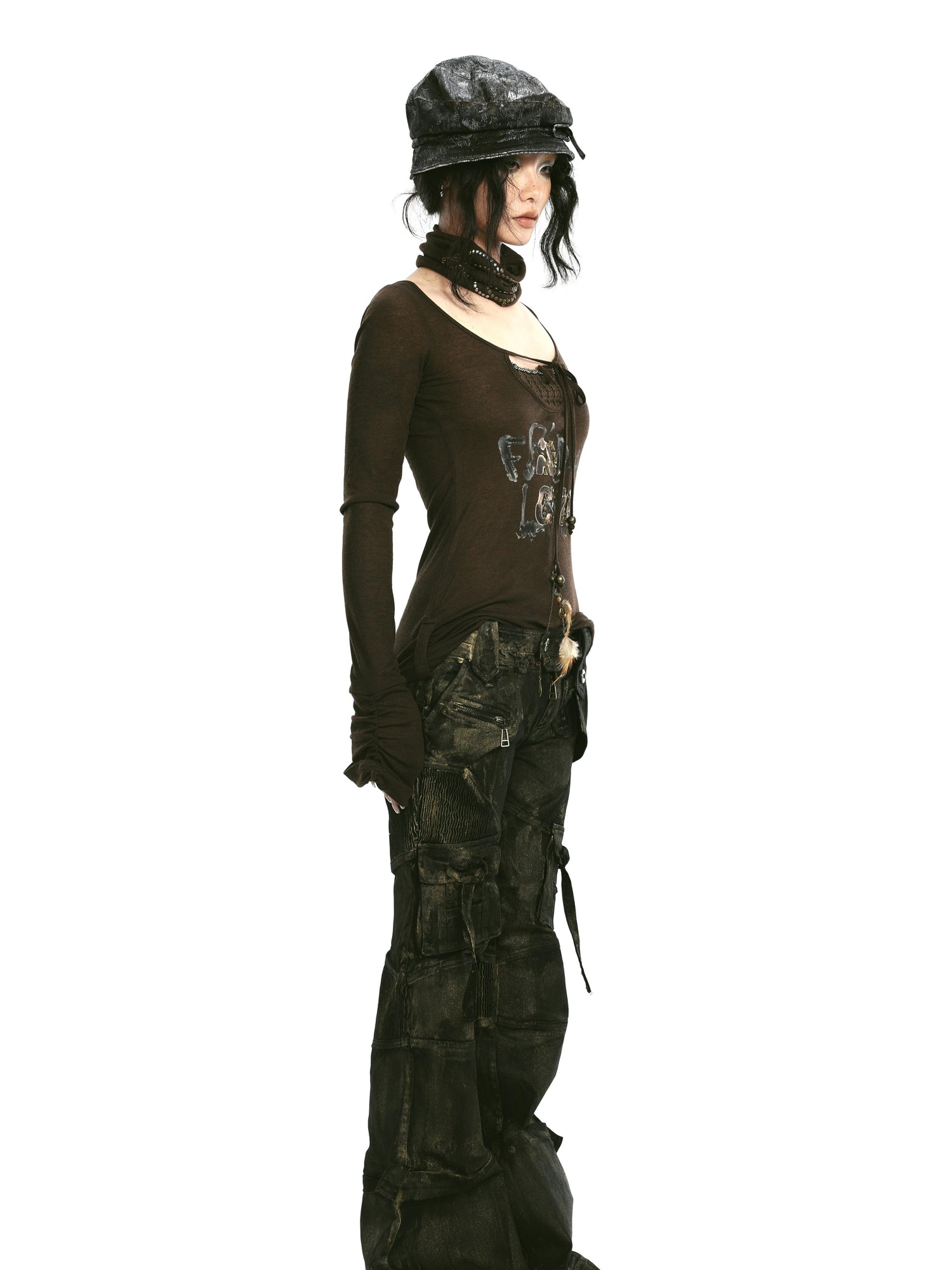 Rivet Print Knit Top With Detachable Neck Wrap