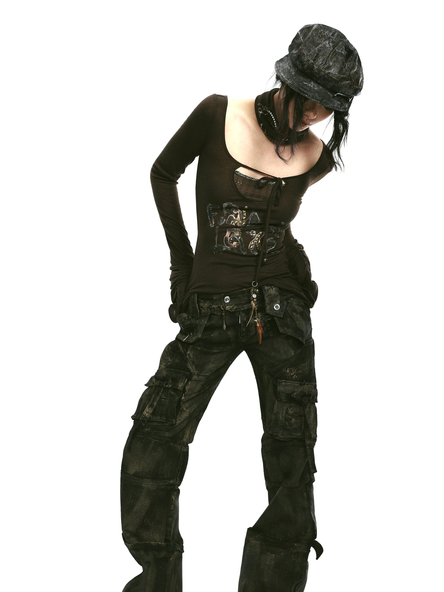 Rivet Print Knit Top With Detachable Neck Wrap