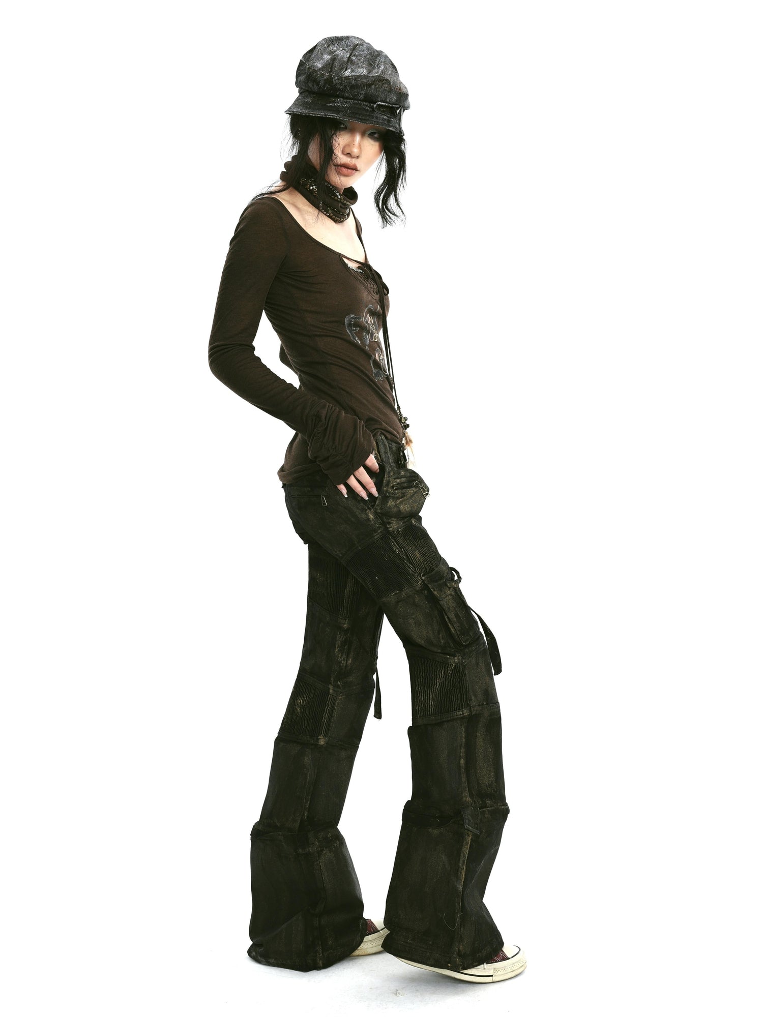 Rivet Print Knit Top With Detachable Neck Wrap