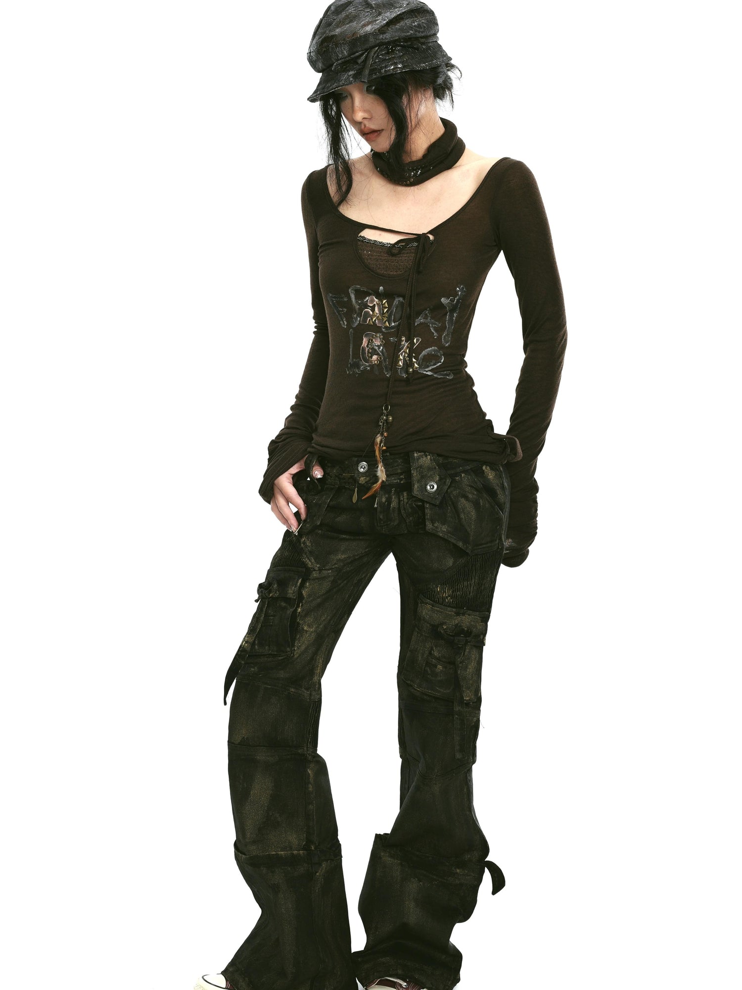 Update OPEN AESTHETIC Rivet Print Knit Top With Detachable Neck Wrap