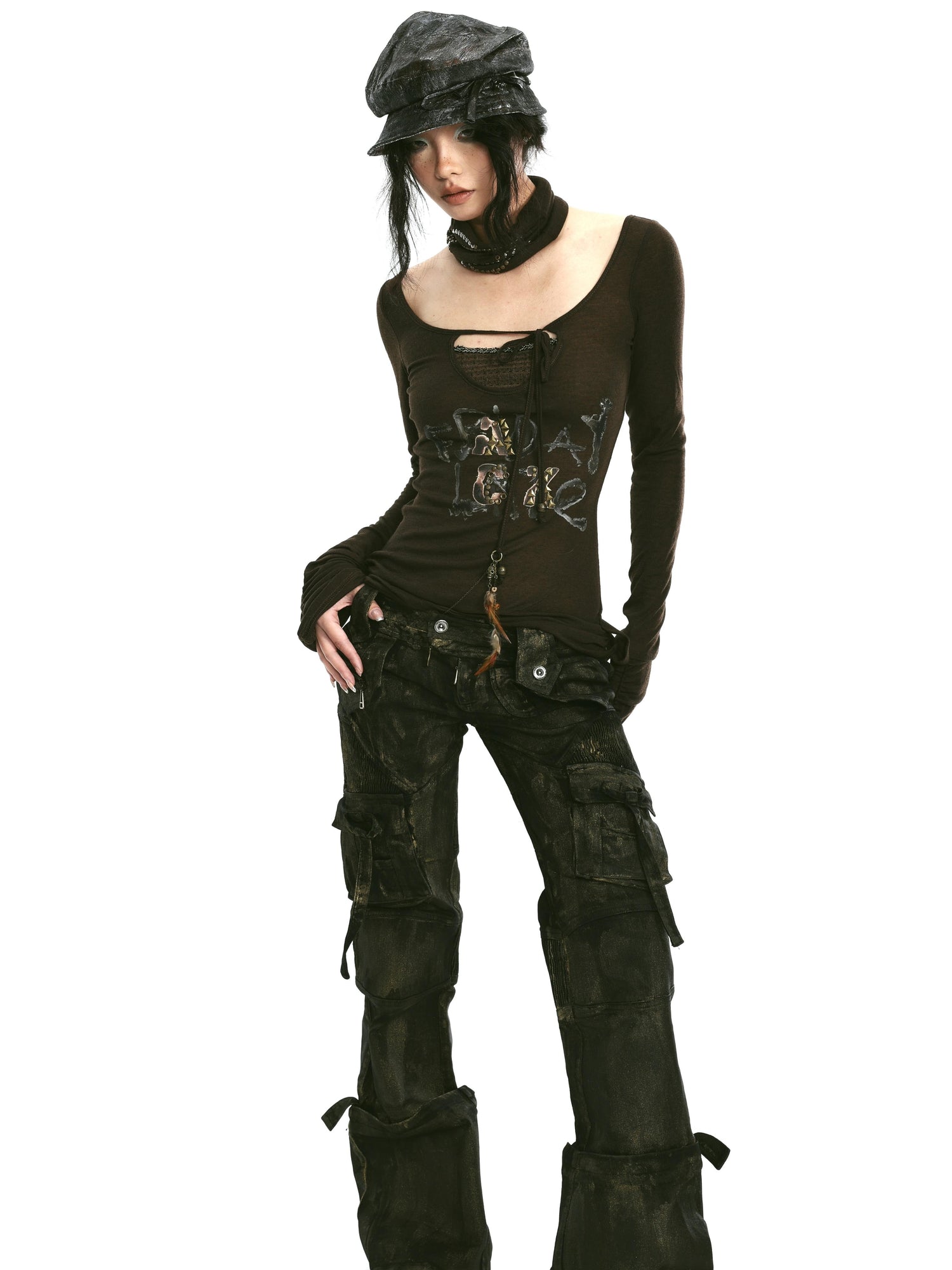 Rivet Print Knit Top With Detachable Neck Wrap