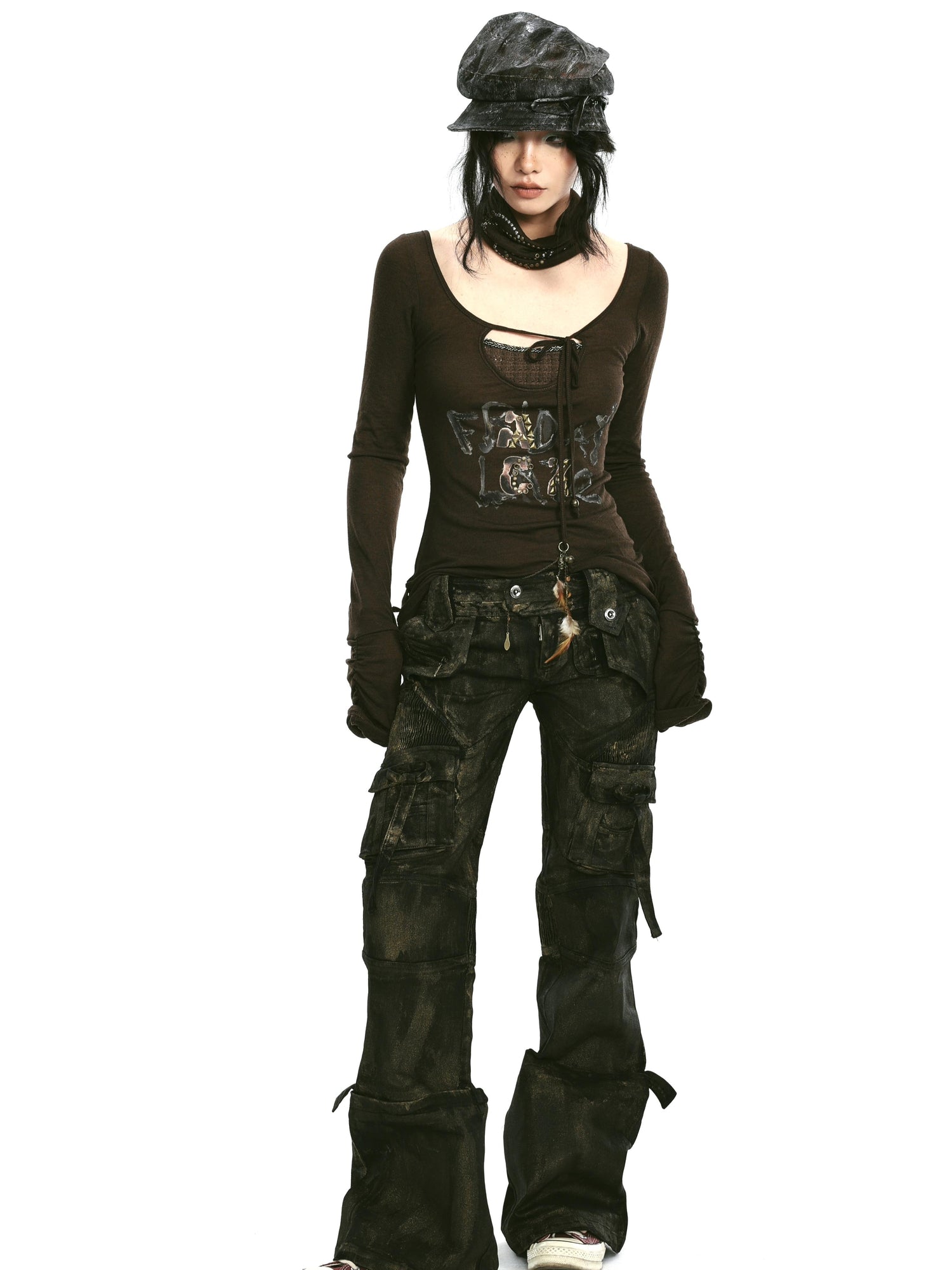 Rivet Print Knit Top With Detachable Neck Wrap