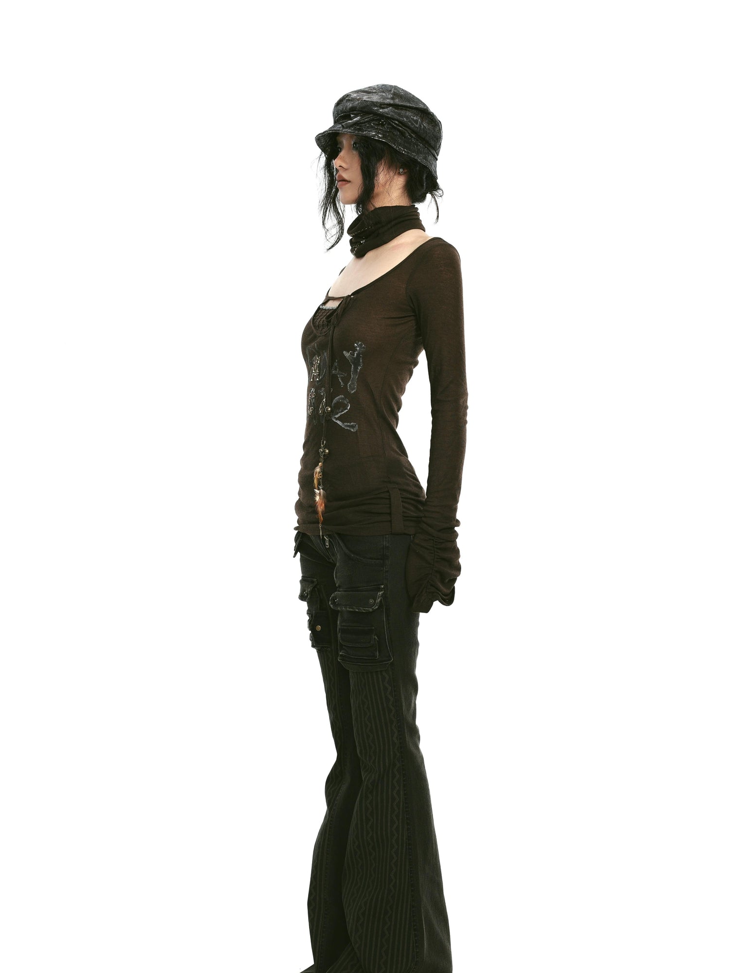 Update OPEN AESTHETIC Rivet Print Knit Top With Detachable Neck Wrap