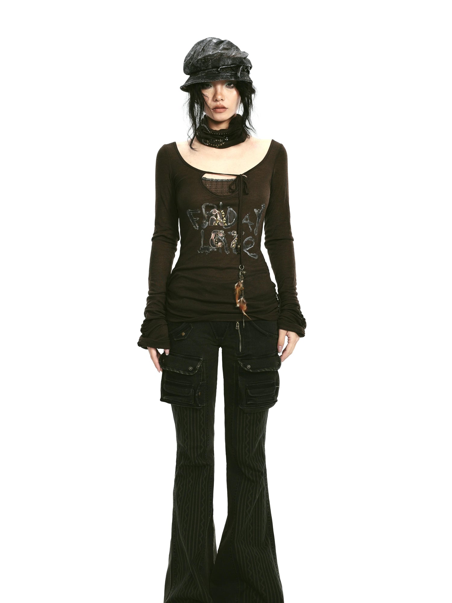 Update OPEN AESTHETIC Rivet Print Knit Top With Detachable Neck Wrap