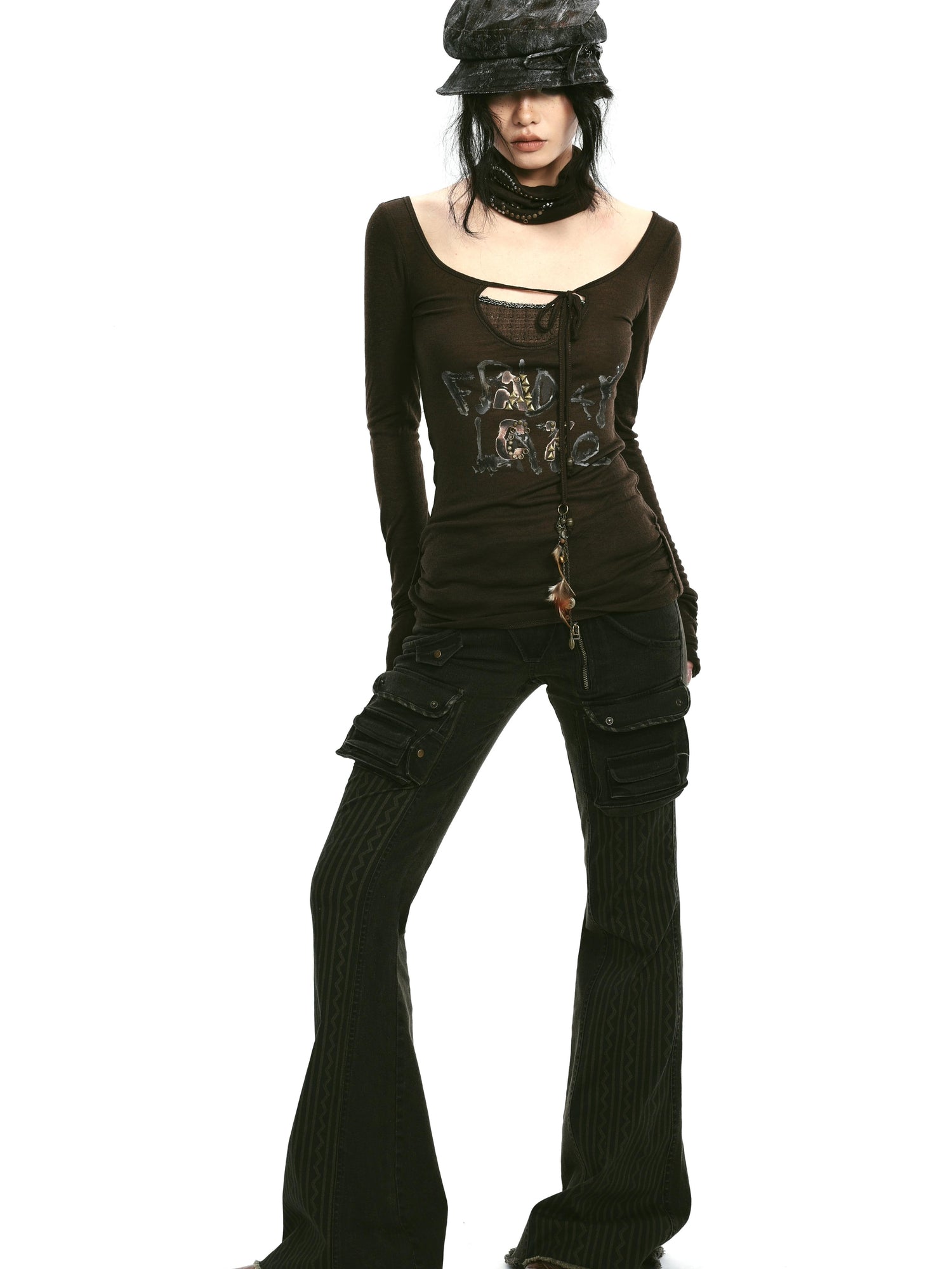 Rivet Print Knit Top With Detachable Neck Wrap
