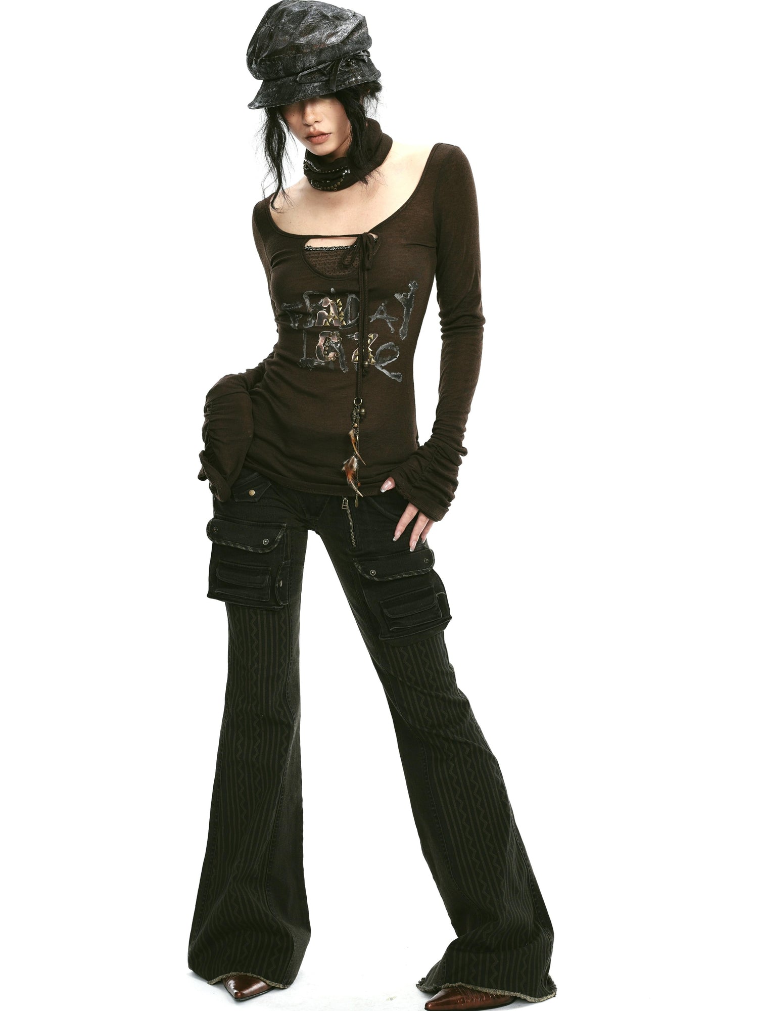 Rivet Print Knit Top With Detachable Neck Wrap