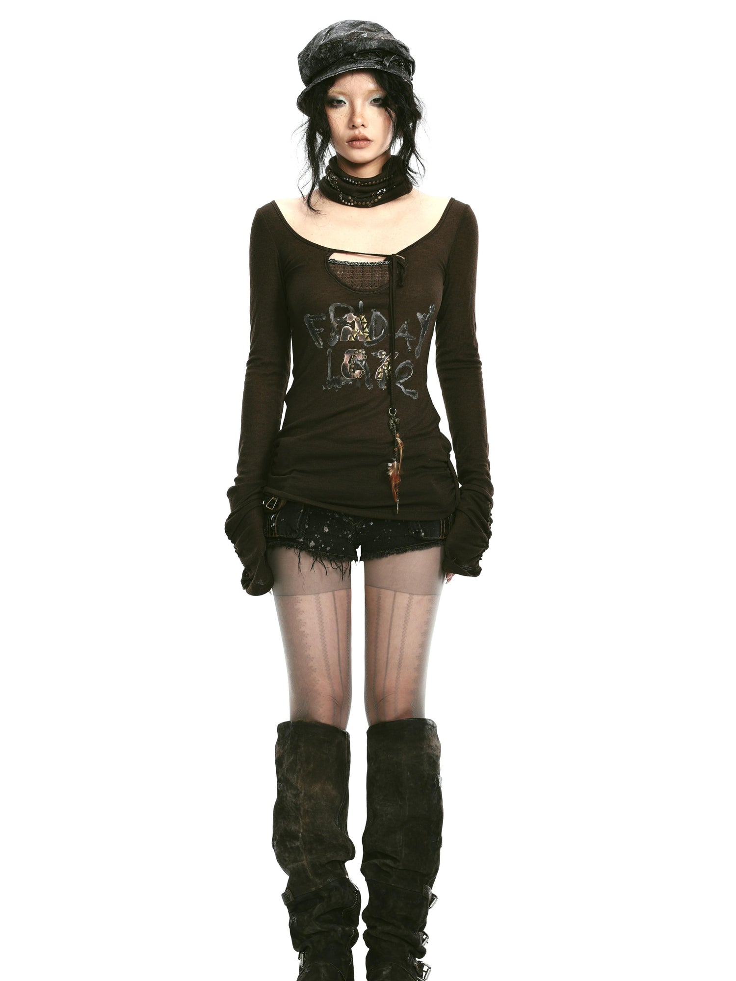 Rivet Print Knit Top With Detachable Neck Wrap