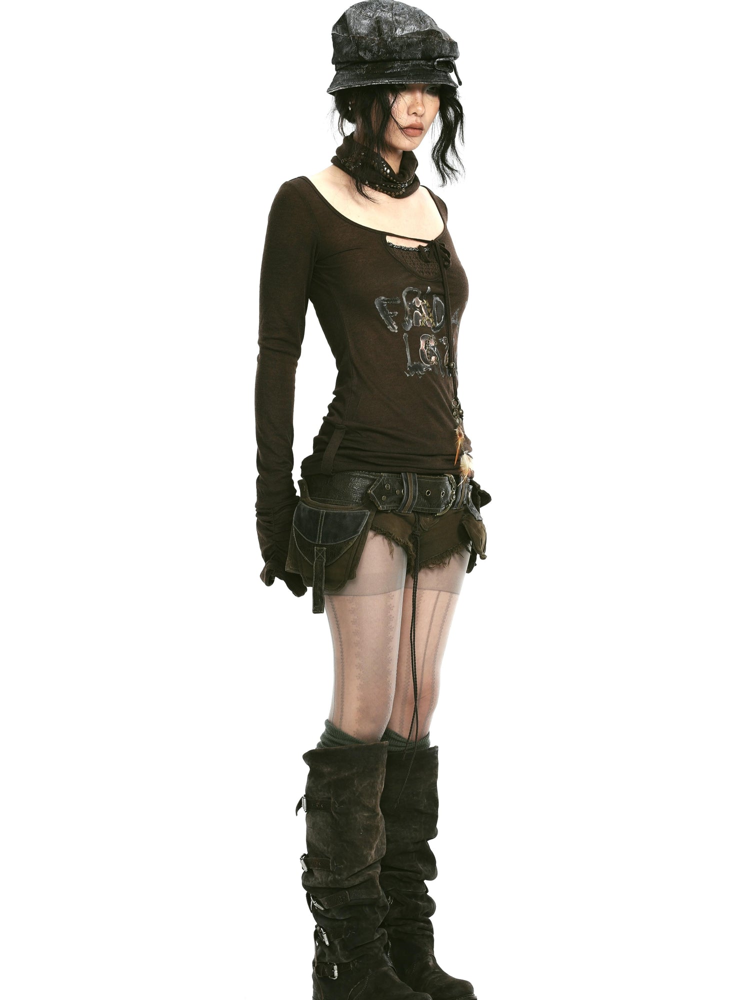 Rivet Print Knit Top With Detachable Neck Wrap
