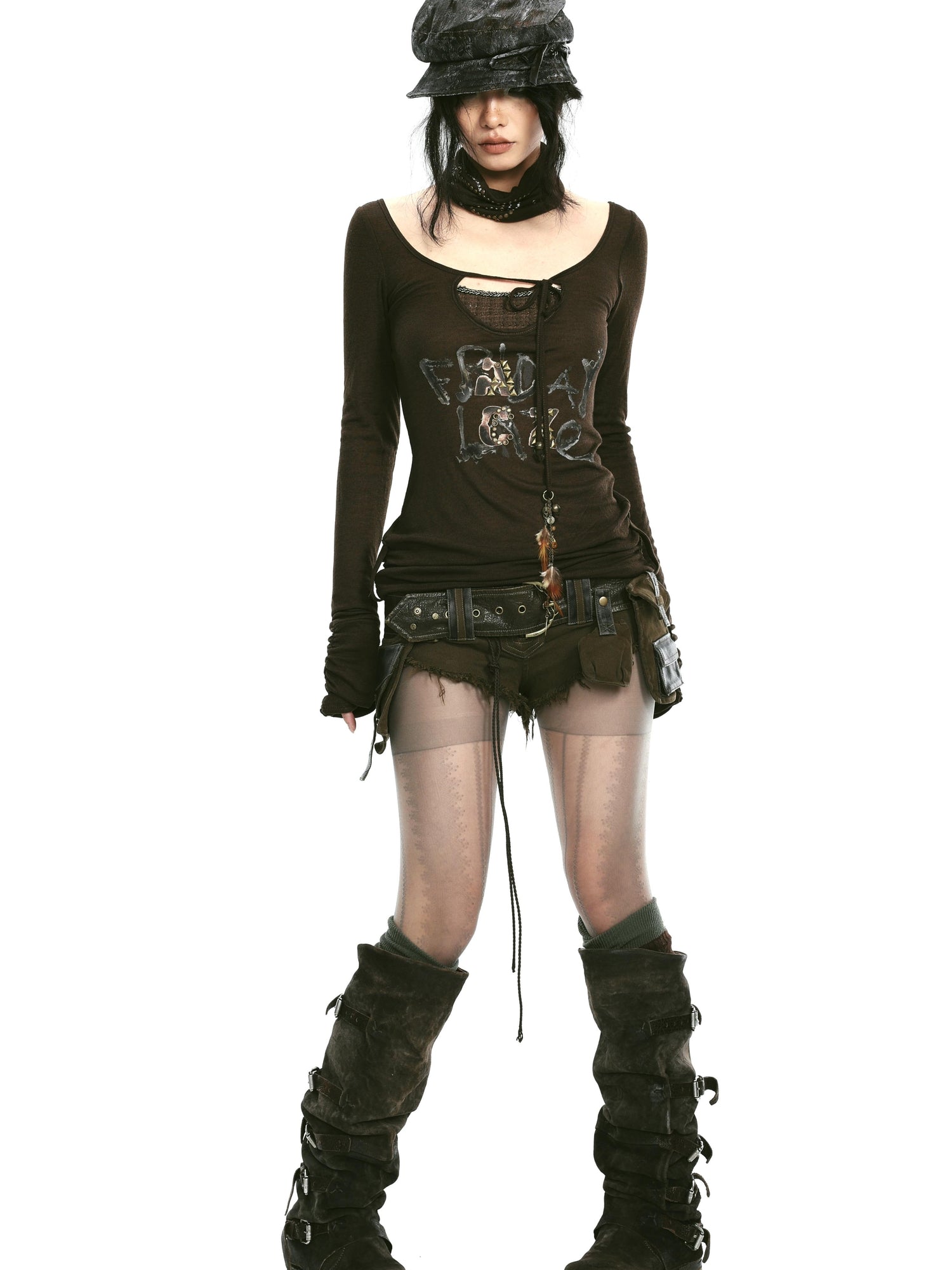 Update OPEN AESTHETIC Rivet Print Knit Top With Detachable Neck Wrap