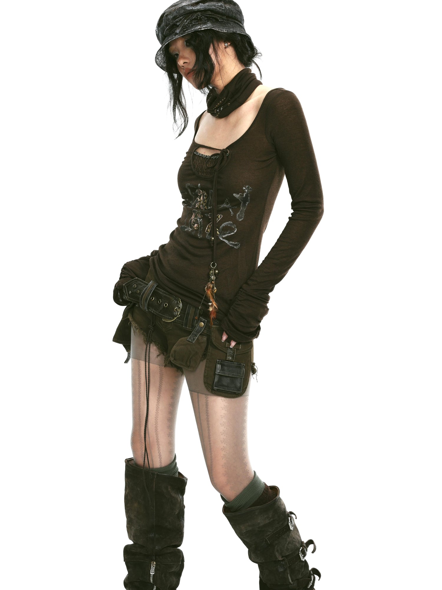 Rivet Print Knit Top With Detachable Neck Wrap