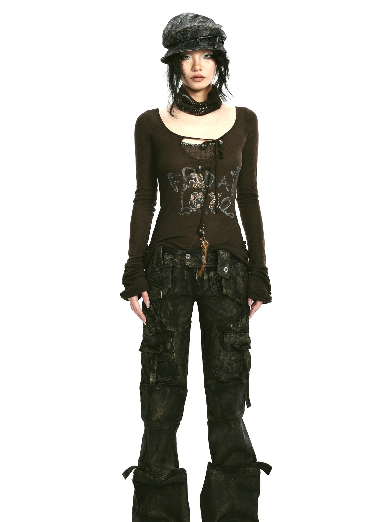Rivet Print Knit Top With Detachable Neck Wrap
