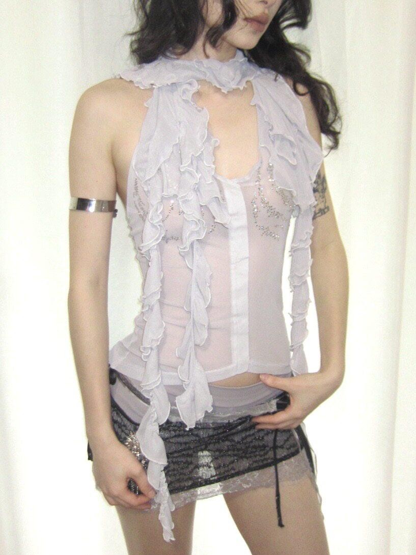 OPEN AESTHETIC Ruffle Rhinestone Wrap Neck Women&