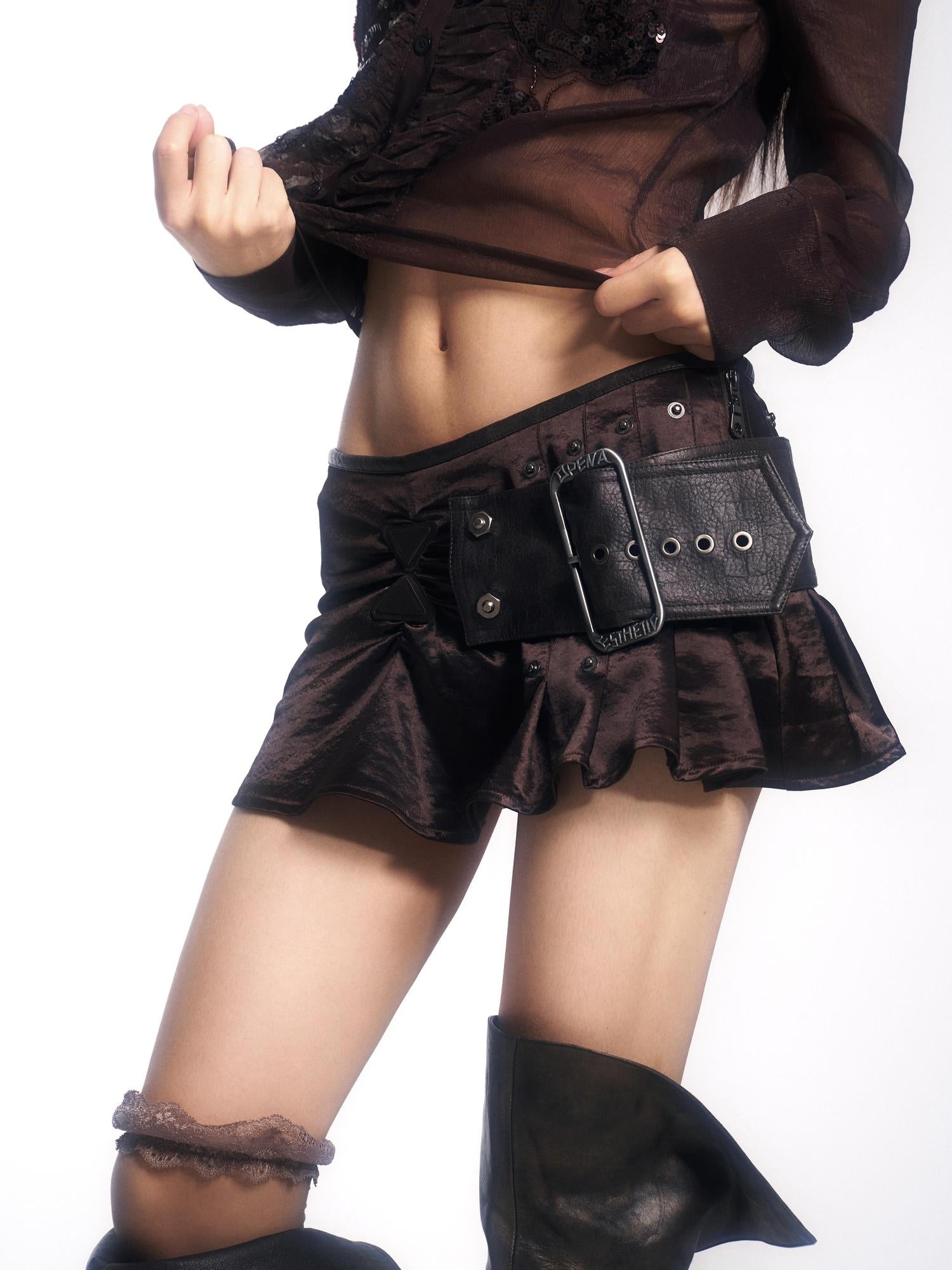 Update OPEN AESTHETIC Satin Mini Skirt with Detachable Belt Ruffled Hem