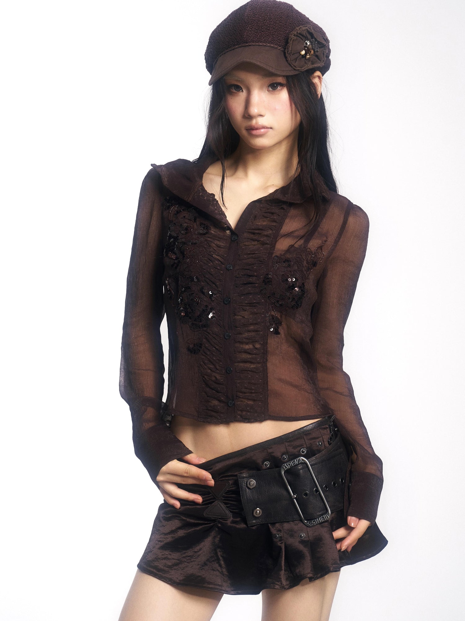 Update OPEN AESTHETIC Satin Mini Skirt with Detachable Belt Ruffled Hem