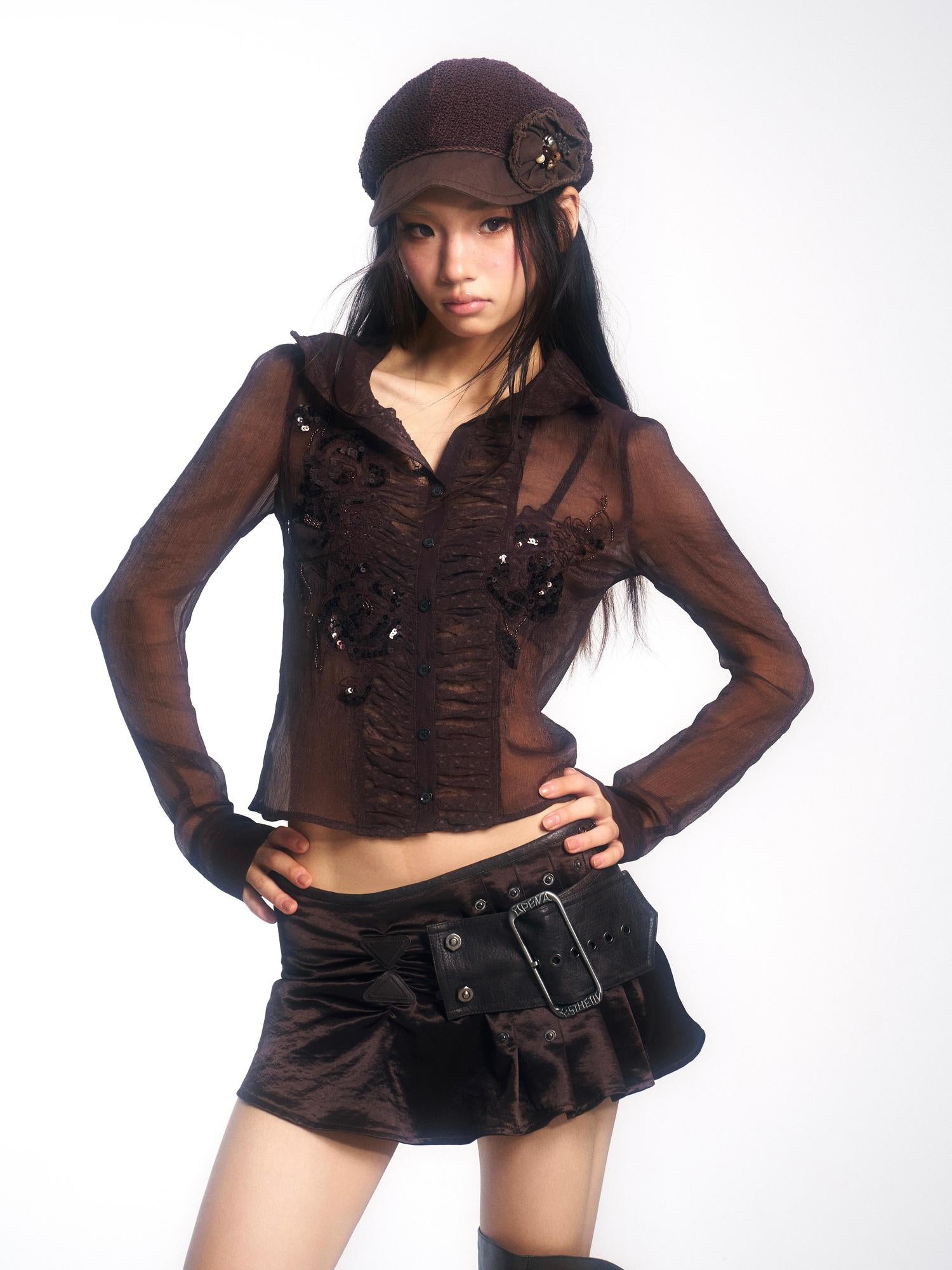 Update OPEN AESTHETIC Satin Mini Skirt with Detachable Belt Ruffled Hem