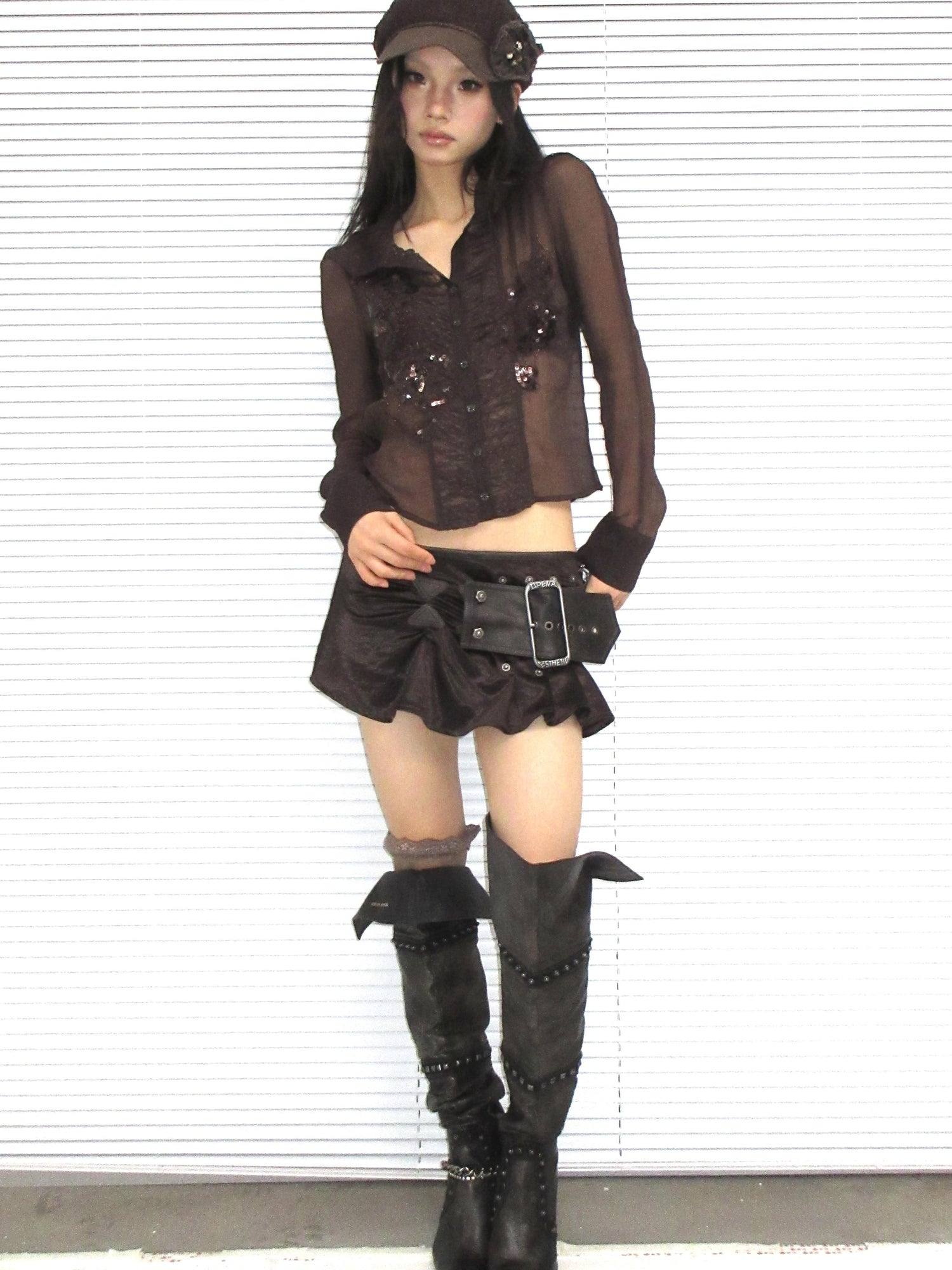 Update OPEN AESTHETIC Satin Mini Skirt with Detachable Belt Ruffled Hem