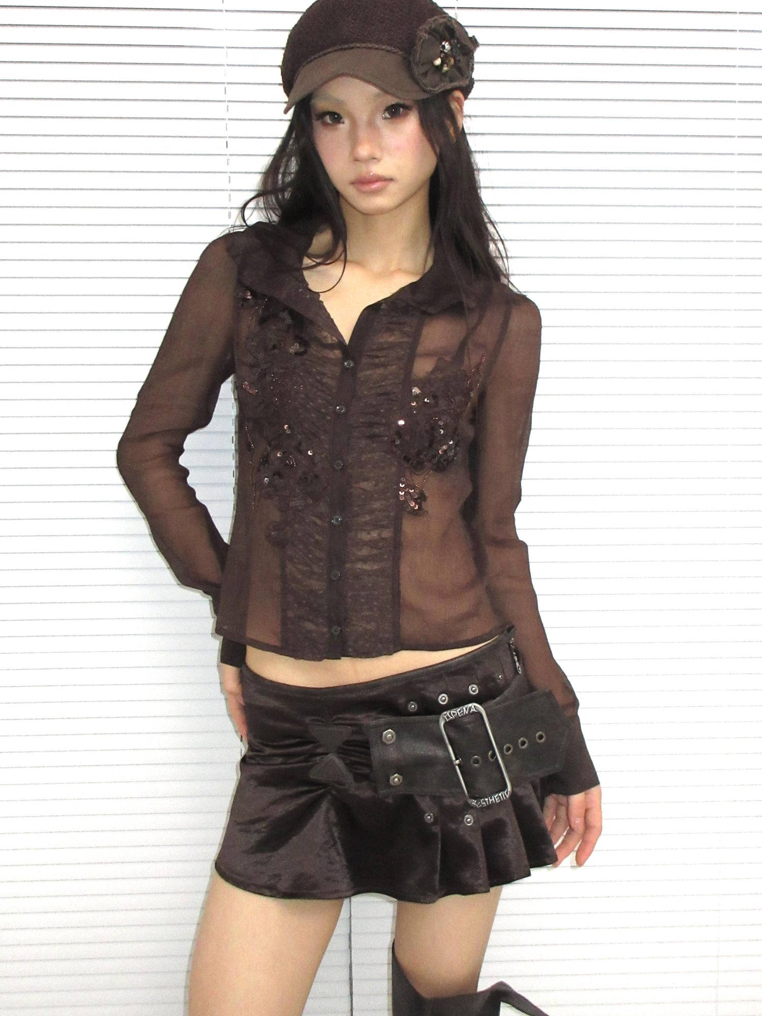 Update OPEN AESTHETIC Satin Mini Skirt with Detachable Belt Ruffled Hem