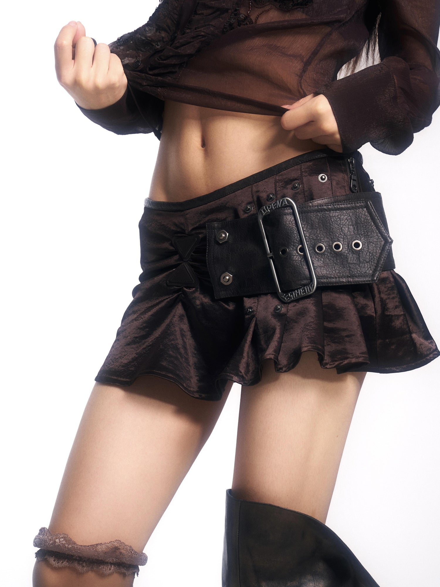 Update OPEN AESTHETIC Satin Mini Skirt with Detachable Belt Ruffled Hem