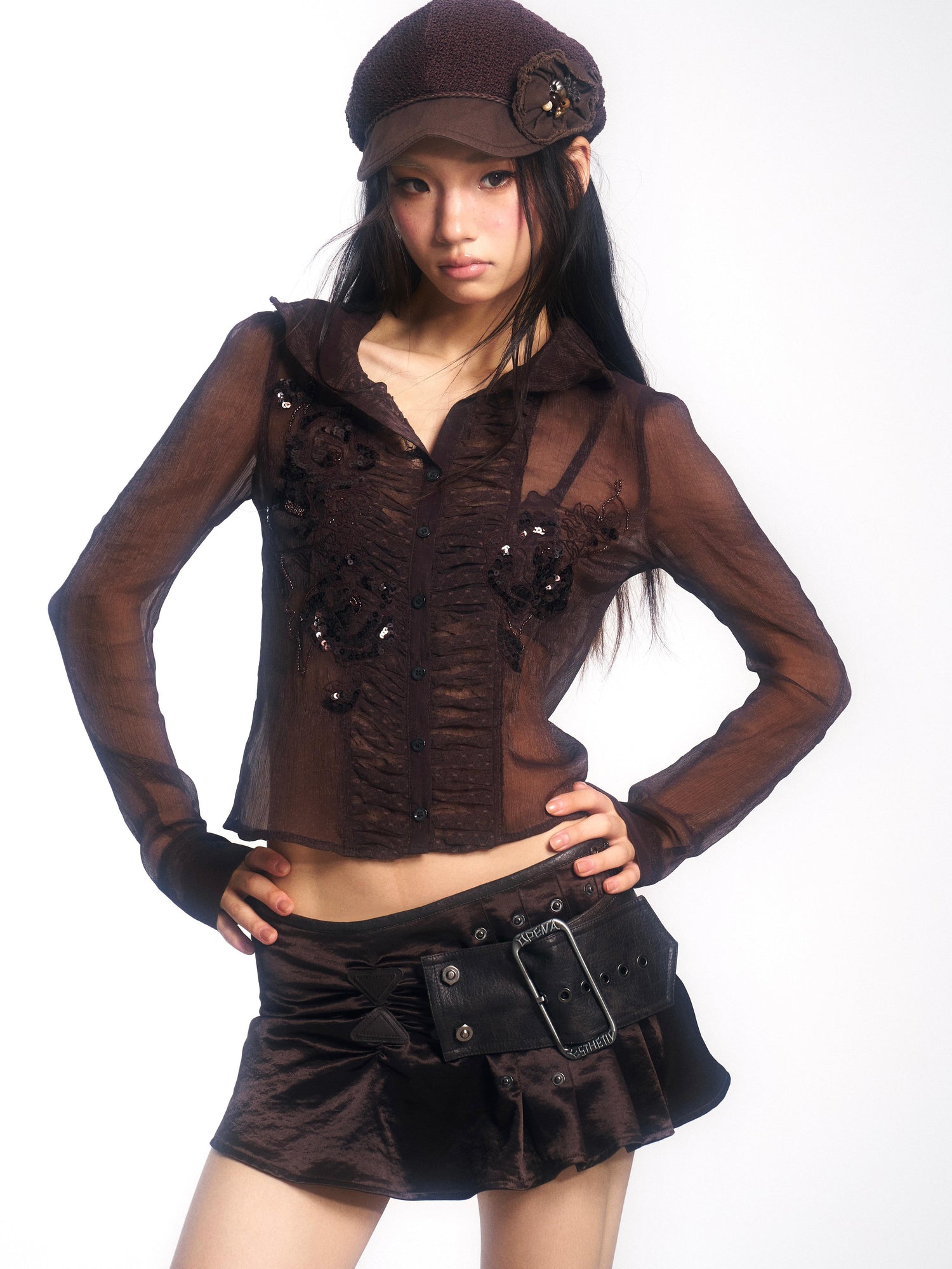 Update OPEN AESTHETIC Satin Mini Skirt with Detachable Belt Ruffled Hem