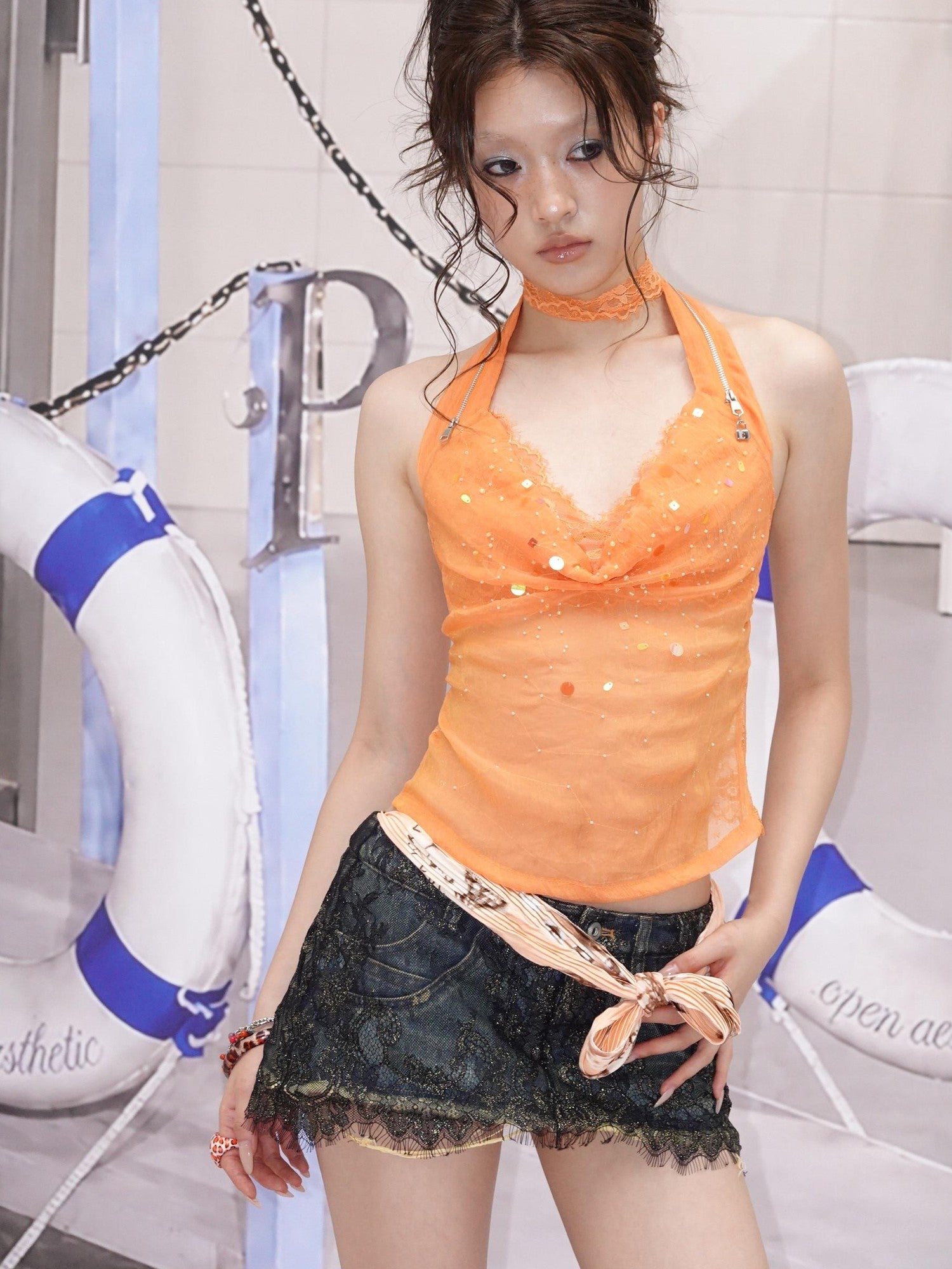 OPEN AESTHETIC Sequin Lace Spliced Plunging V Faux Two Piece Women&