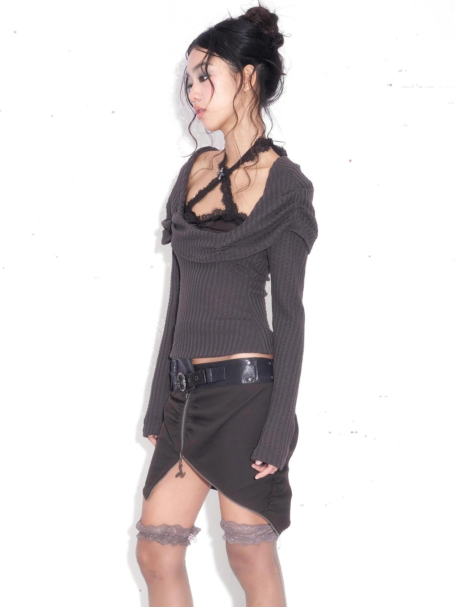 OPEN AESTHETIC Sexy Halter Neck Lace Trim Purple Two Piece Women Casual Travel T-Shirt