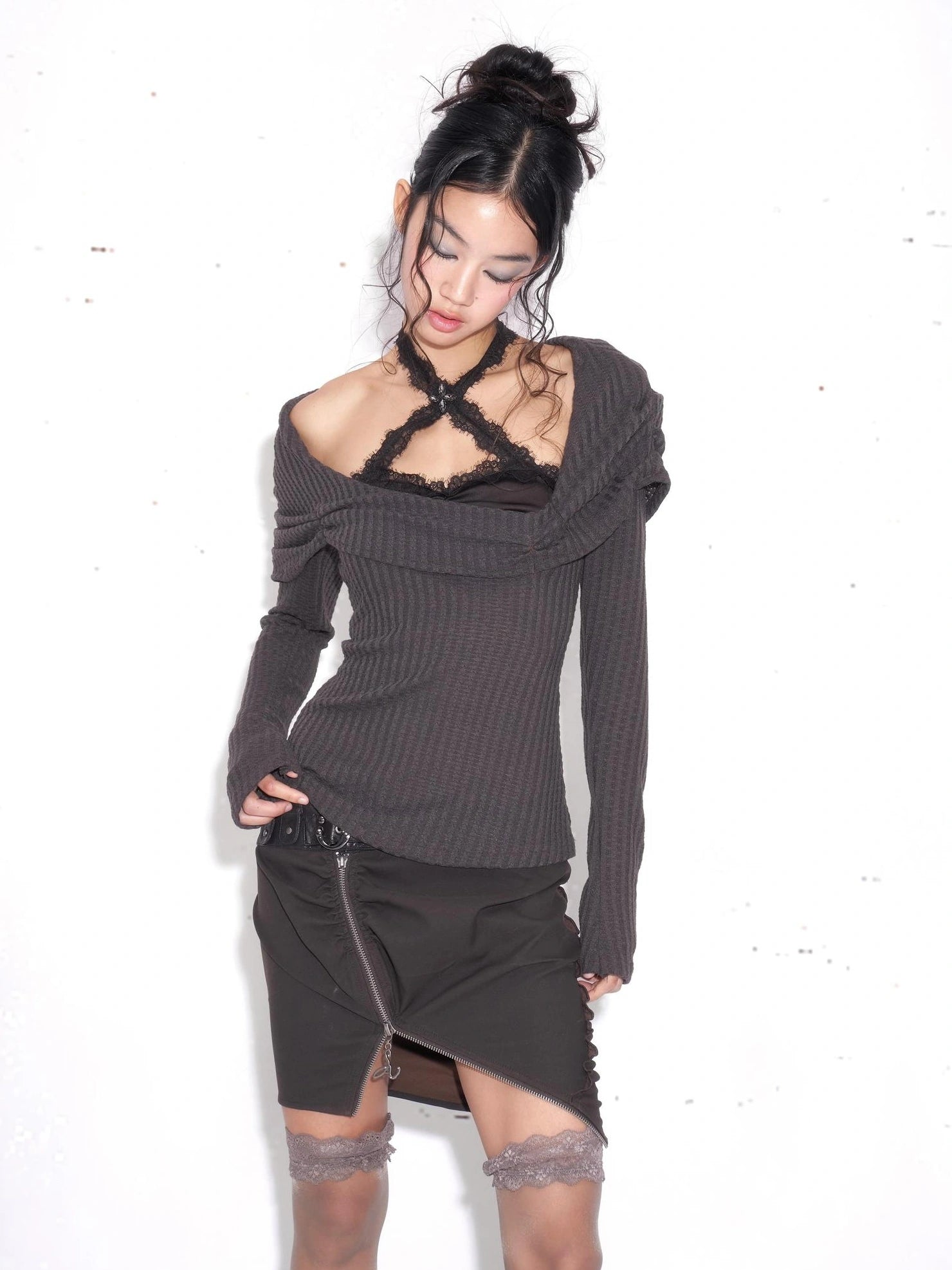 OPEN AESTHETIC Sexy Halter Neck Lace Trim Purple Two Piece Women Casual Travel T-Shirt