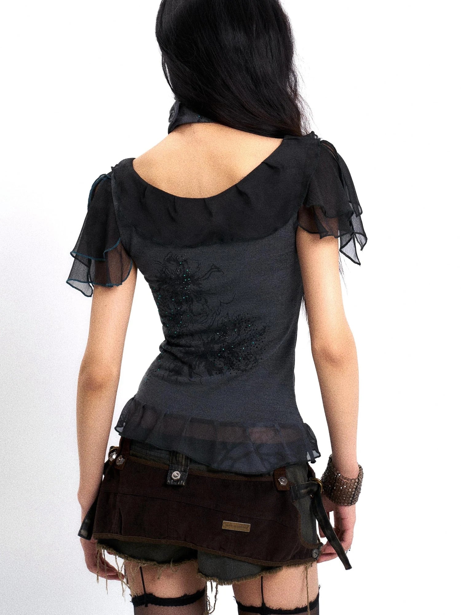 Sheer Mesh Knit Top With Floral Print Rhinestone Layered Collar