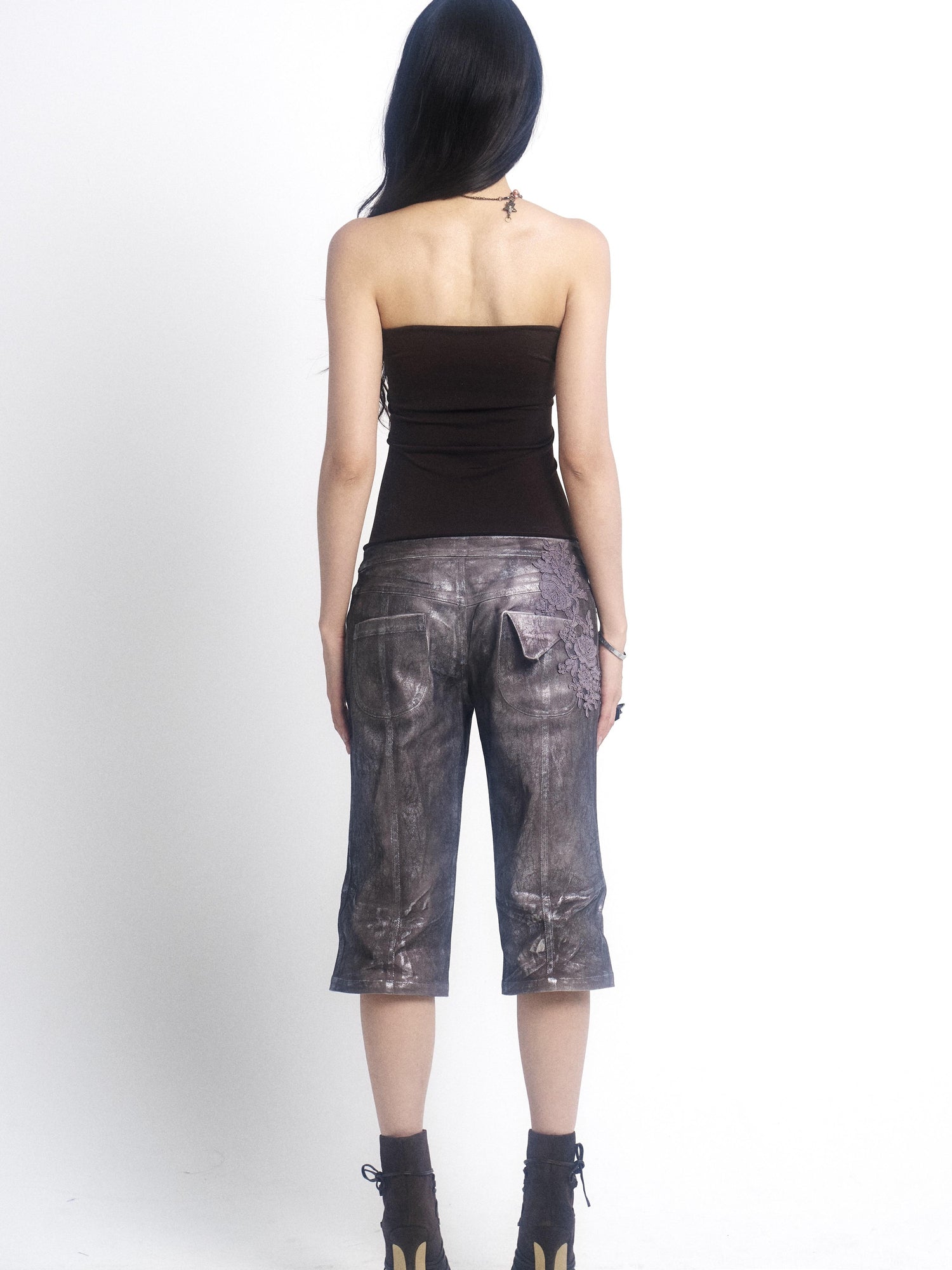 Update OPEN AESTHETIC Silver Crinkle Embroidered Denim Shorts