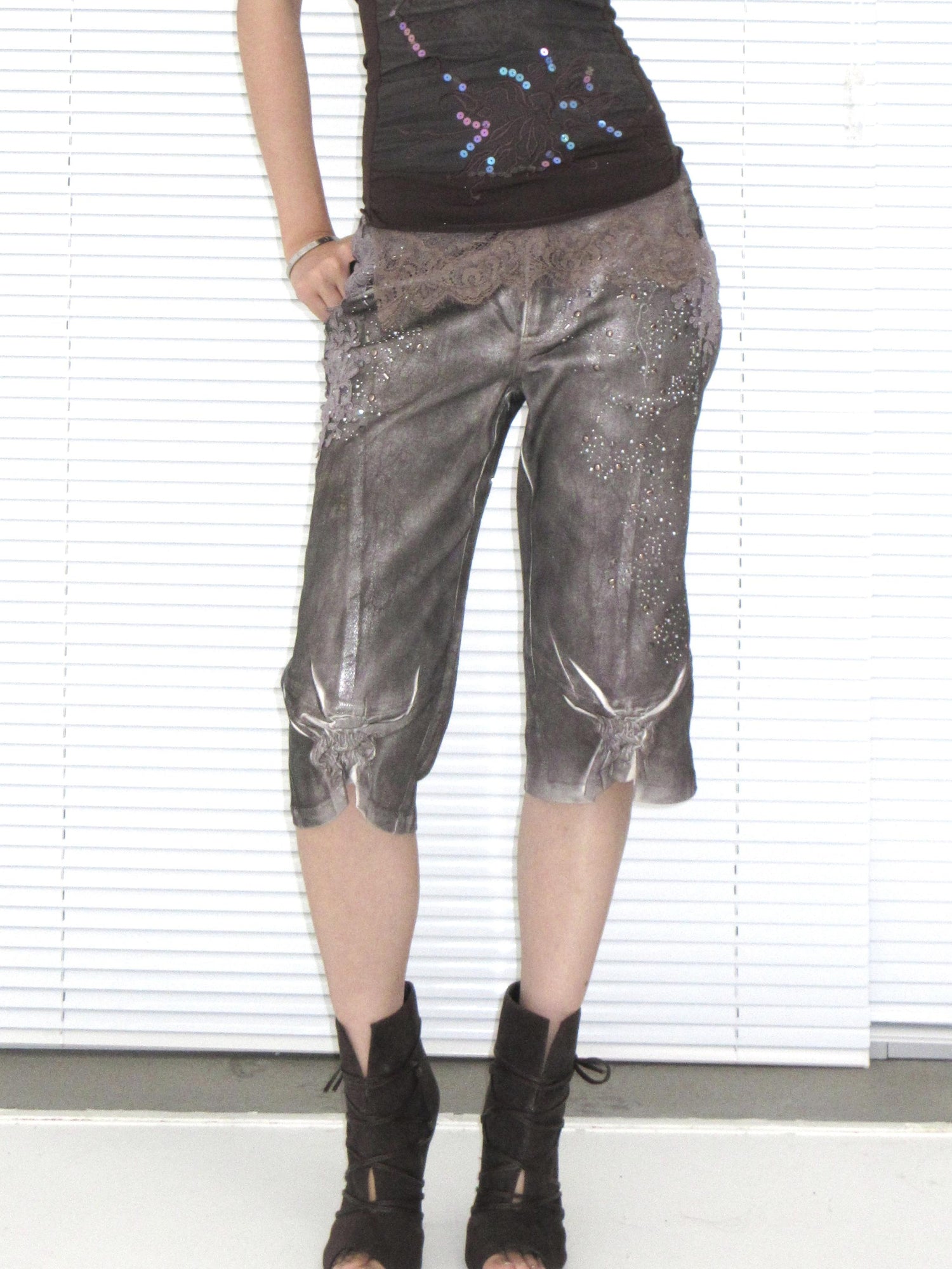 Update OPEN AESTHETIC Silver Crinkle Embroidered Denim Shorts