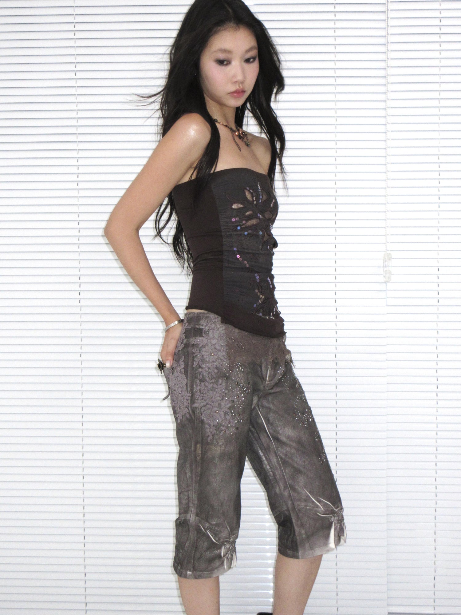 Update OPEN AESTHETIC Silver Crinkle Embroidered Denim Shorts