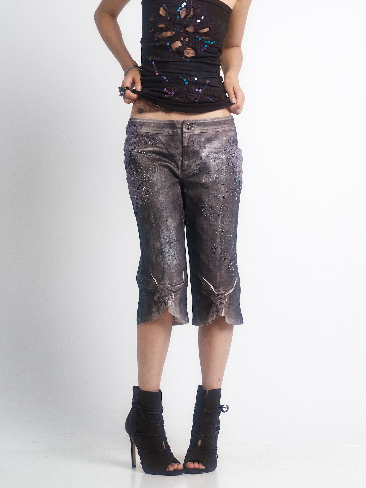 Update OPEN AESTHETIC Silver Crinkle Embroidered Denim Shorts