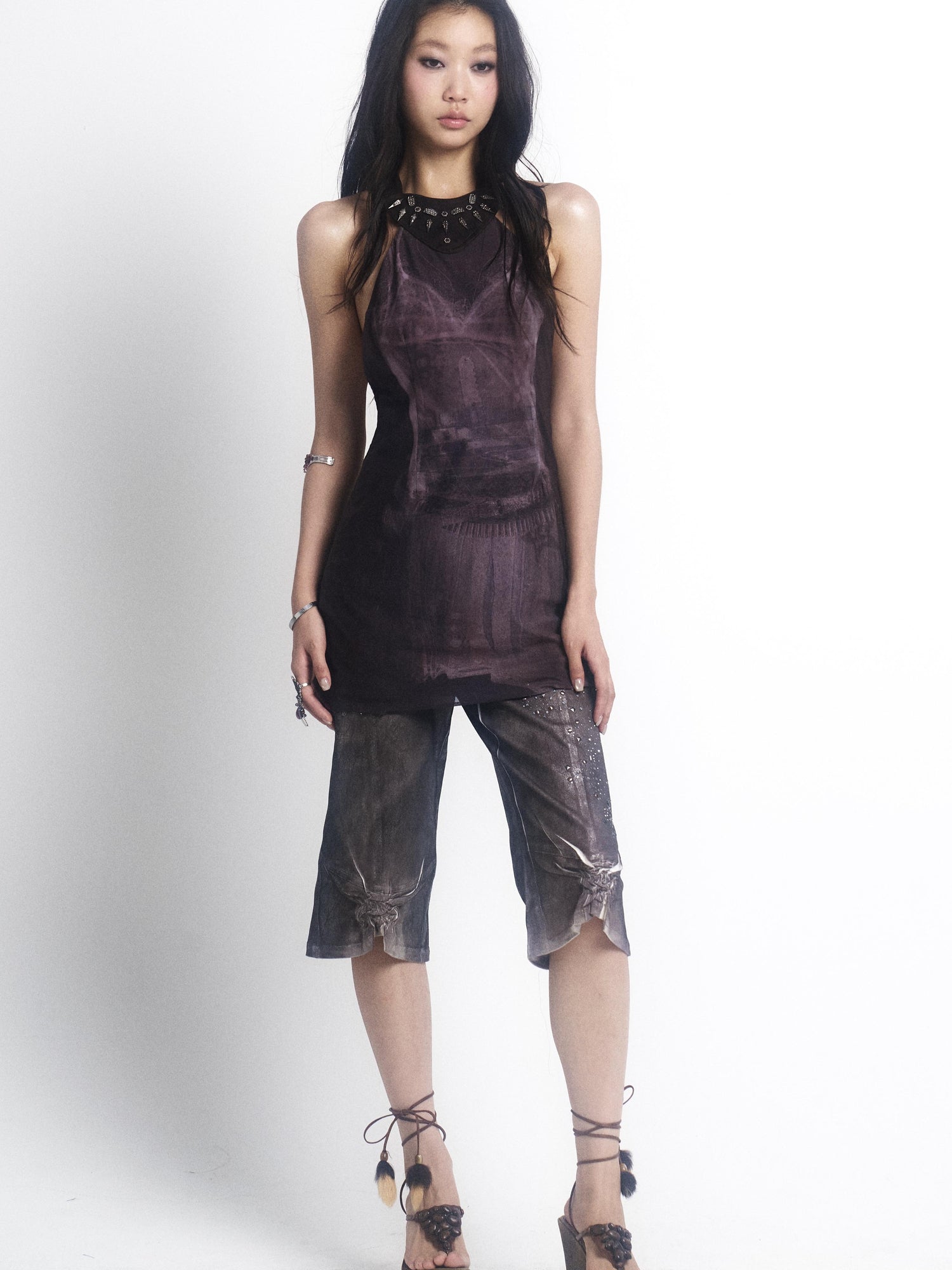 Update OPEN AESTHETIC Silver Crinkle Embroidered Denim Shorts