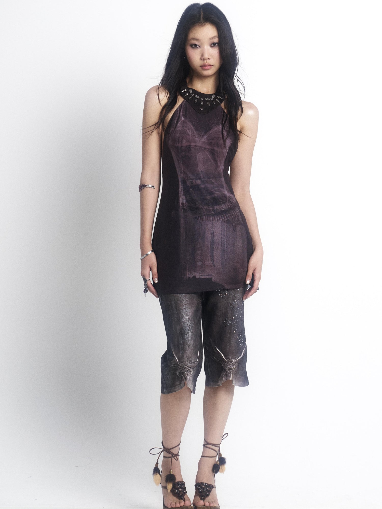 Update OPEN AESTHETIC Silver Crinkle Embroidered Denim Shorts