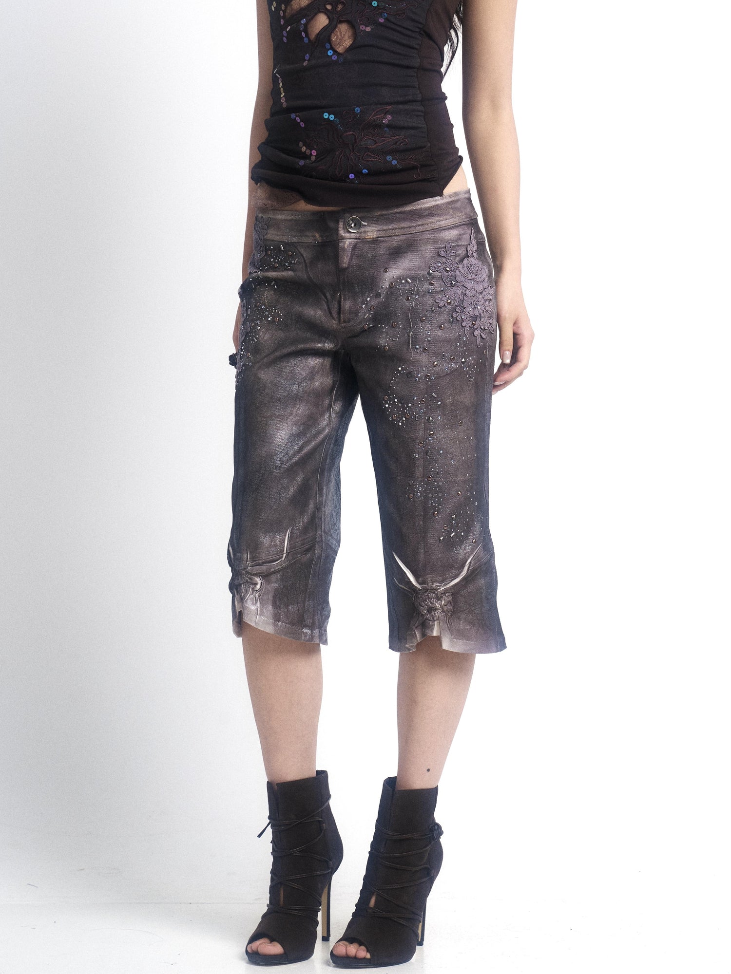 Update OPEN AESTHETIC Silver Crinkle Embroidered Denim Shorts