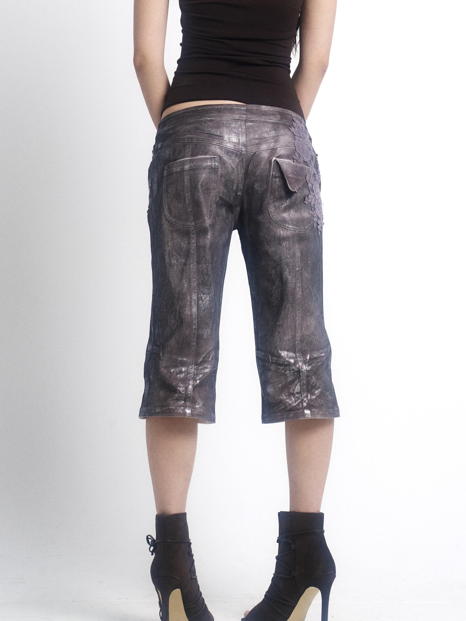 Update OPEN AESTHETIC Silver Crinkle Embroidered Denim Shorts