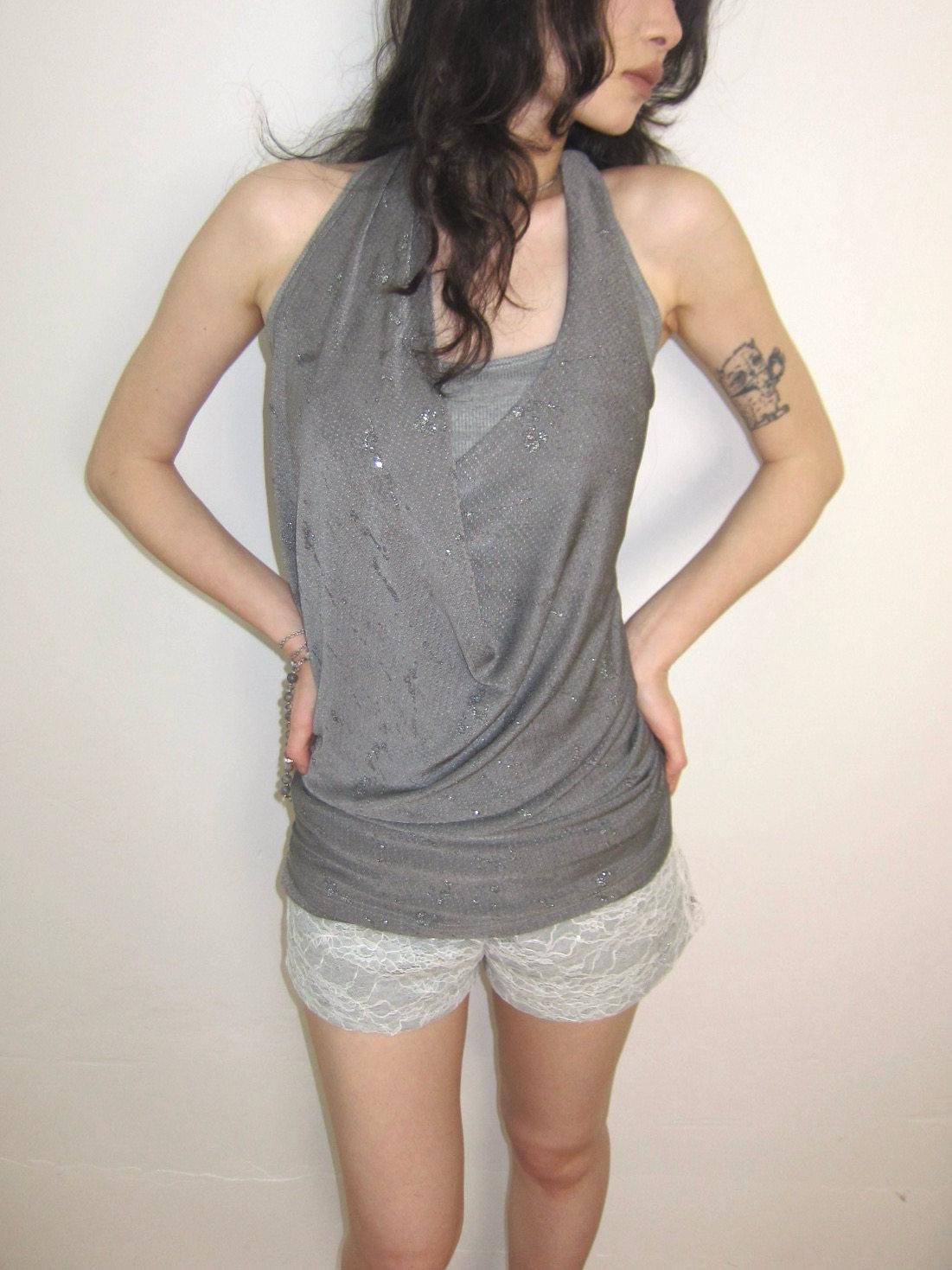 OPEN AESTHETIC Silver Gray Shimmer Draped Plunge Slim Women&